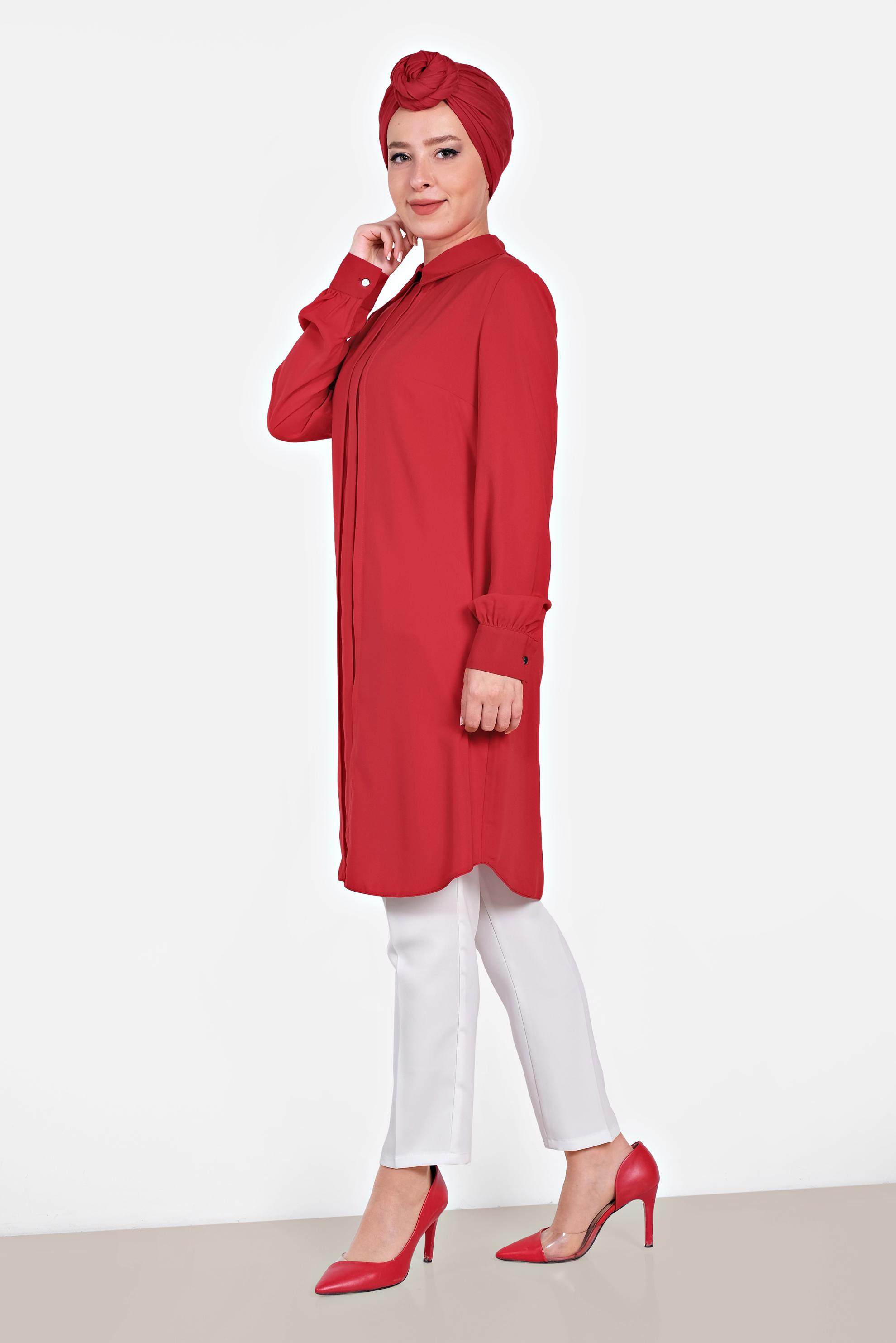 Tesettür giyim KIRMIZI MANŞETLERİ DÜĞMELİ ERKEK YAKA TUNİK 4032-2 