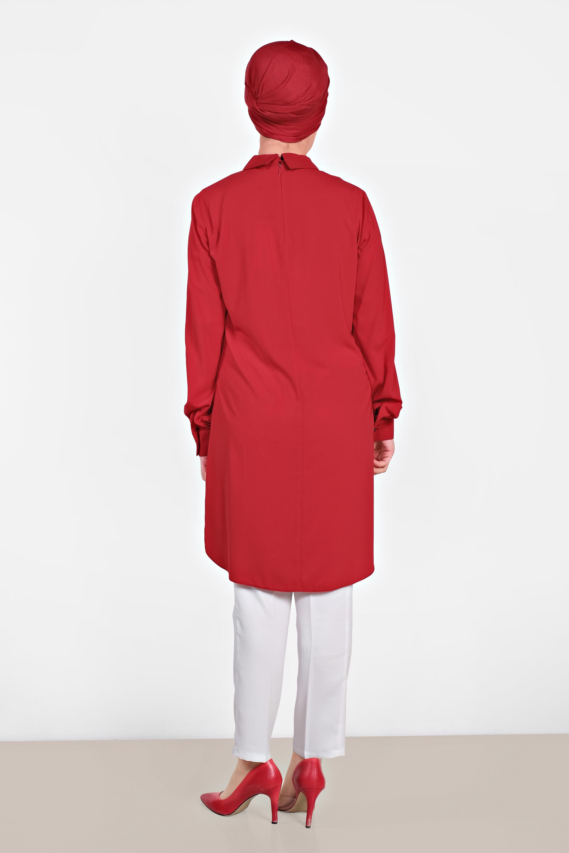 Tesettür giyim KIRMIZI MANŞETLERİ DÜĞMELİ ERKEK YAKA TUNİK 4032-2 