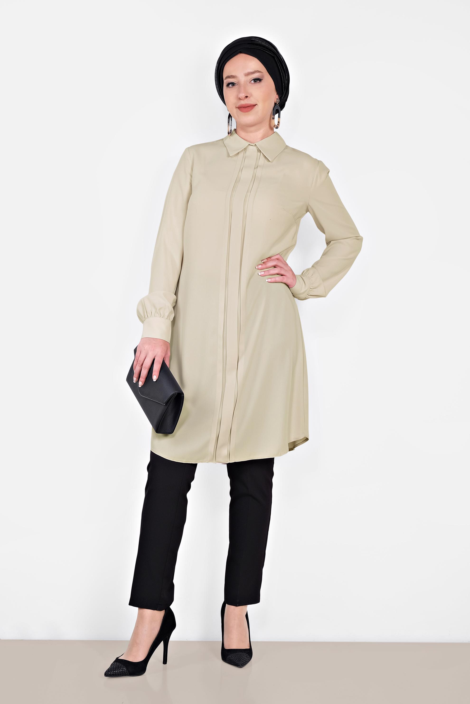 Tesettür giyim BEJ MANŞETLERİ DÜĞMELİ ERKEK YAKA TUNİK 4032-2 