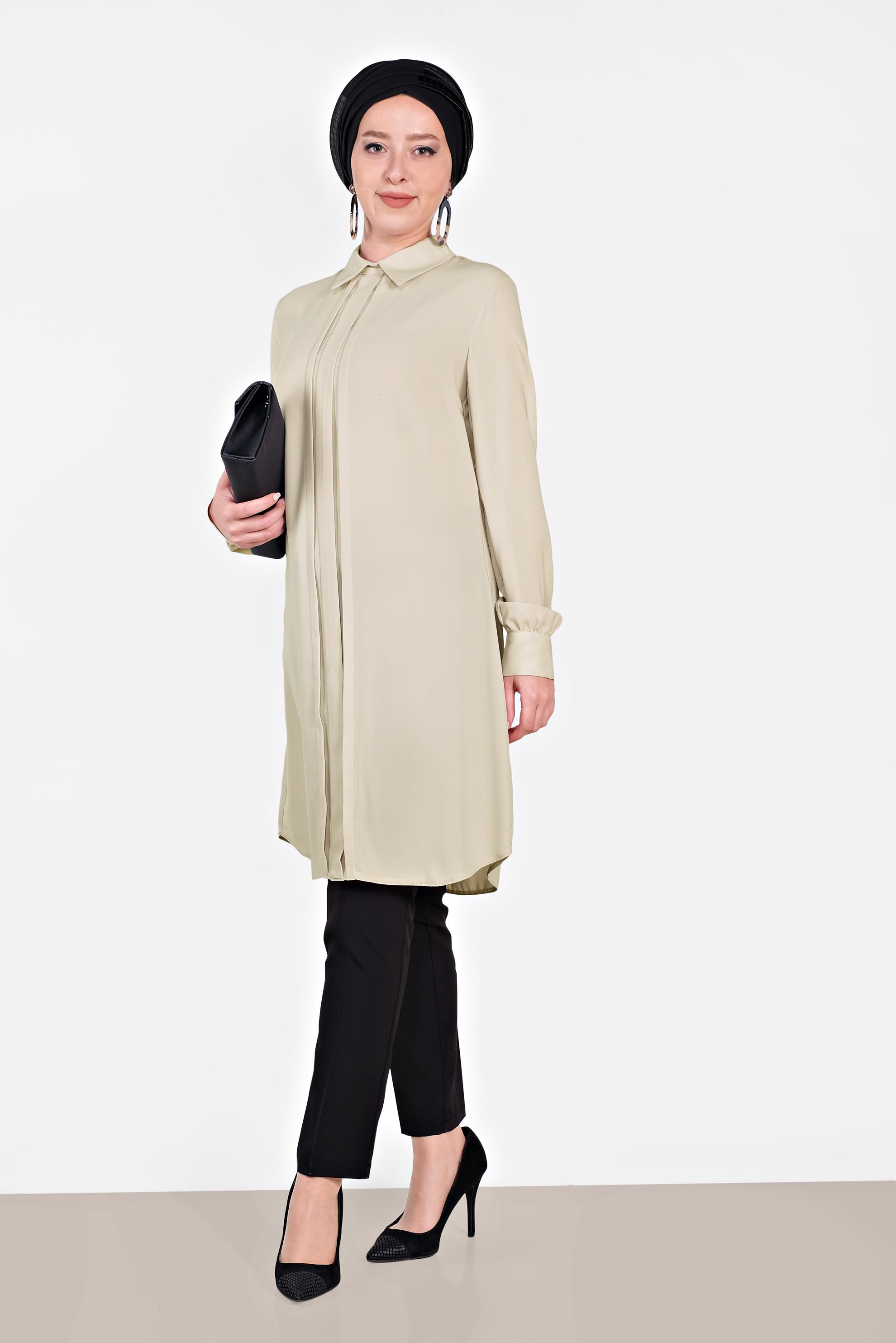 Tesettür giyim BEJ MANŞETLERİ DÜĞMELİ ERKEK YAKA TUNİK 4032-2 