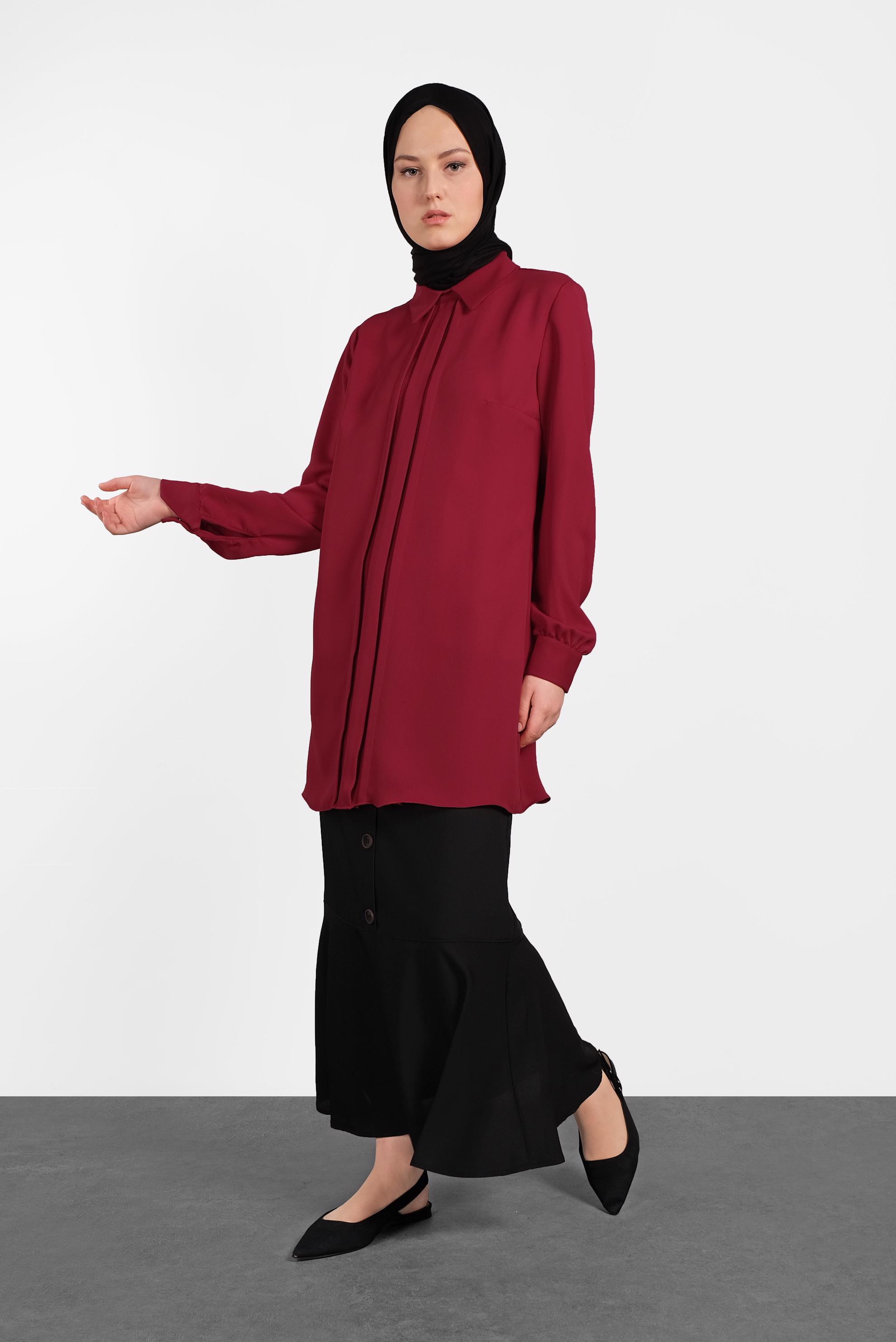 Tesettür giyim BORDO MANŞETLERİ DÜĞMELİ ERKEK YAKA TUNİK 4032-2 