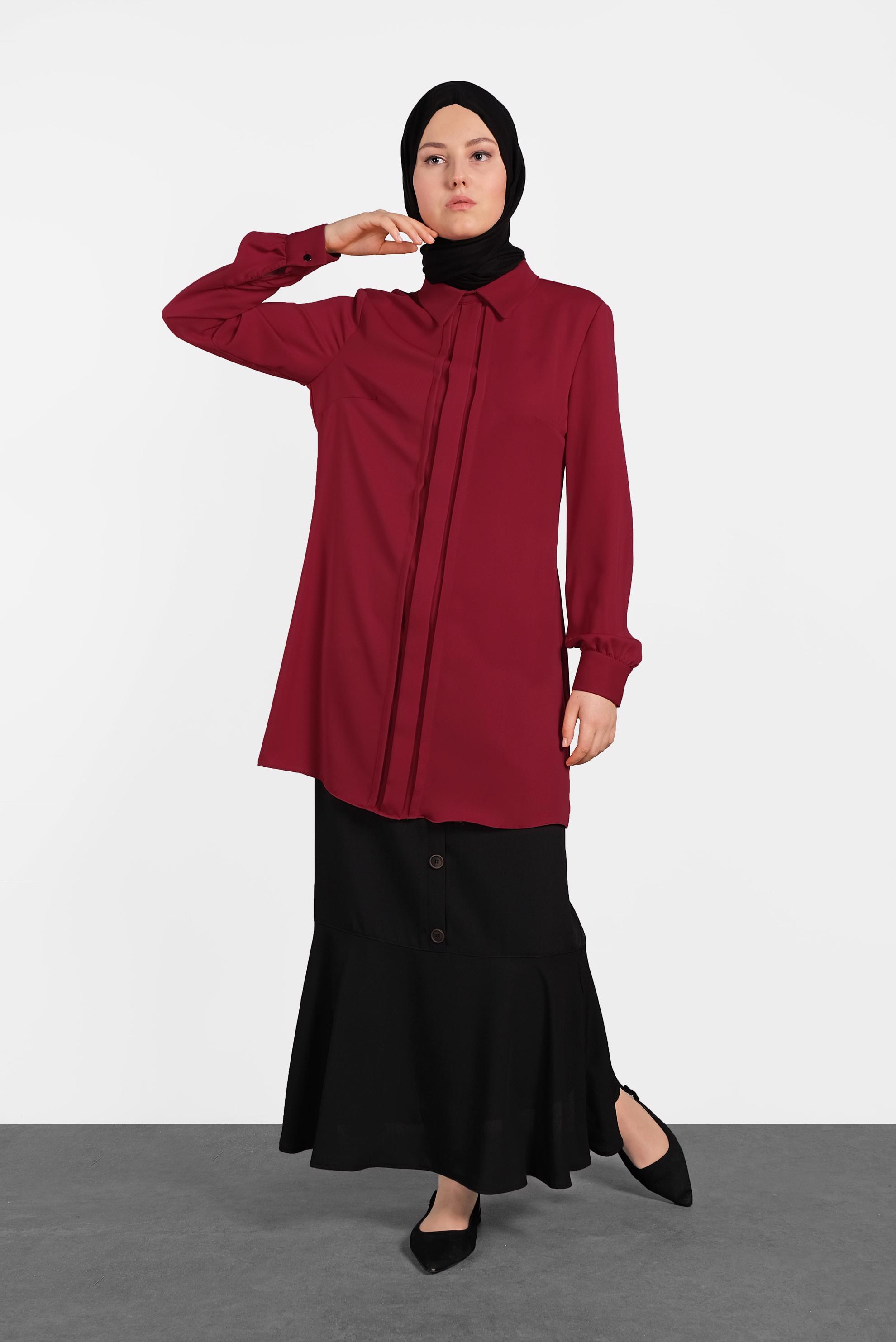 Tesettür giyim BORDO MANŞETLERİ DÜĞMELİ ERKEK YAKA TUNİK 4032-2 