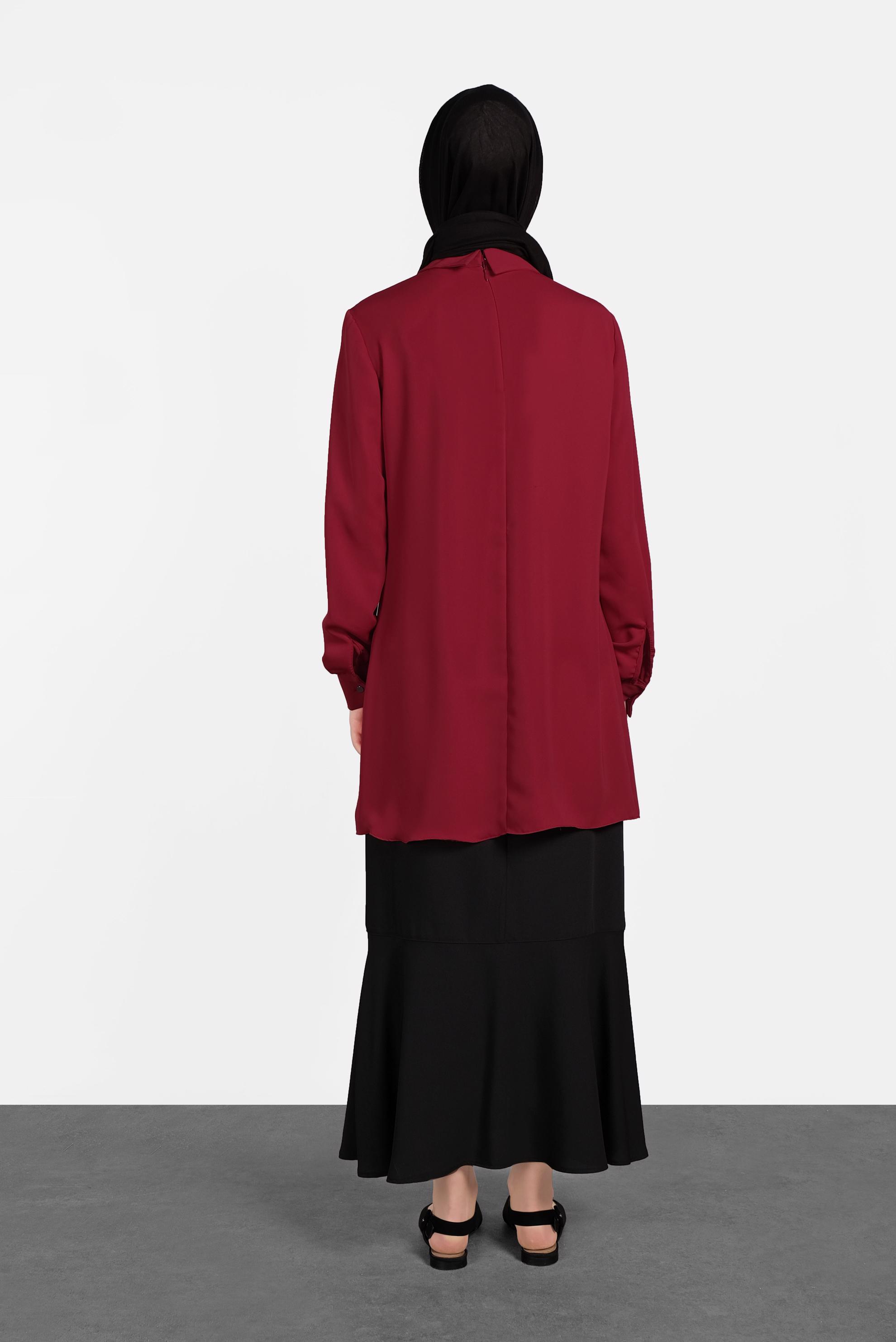 Tesettür giyim BORDO MANŞETLERİ DÜĞMELİ ERKEK YAKA TUNİK 4032-2 