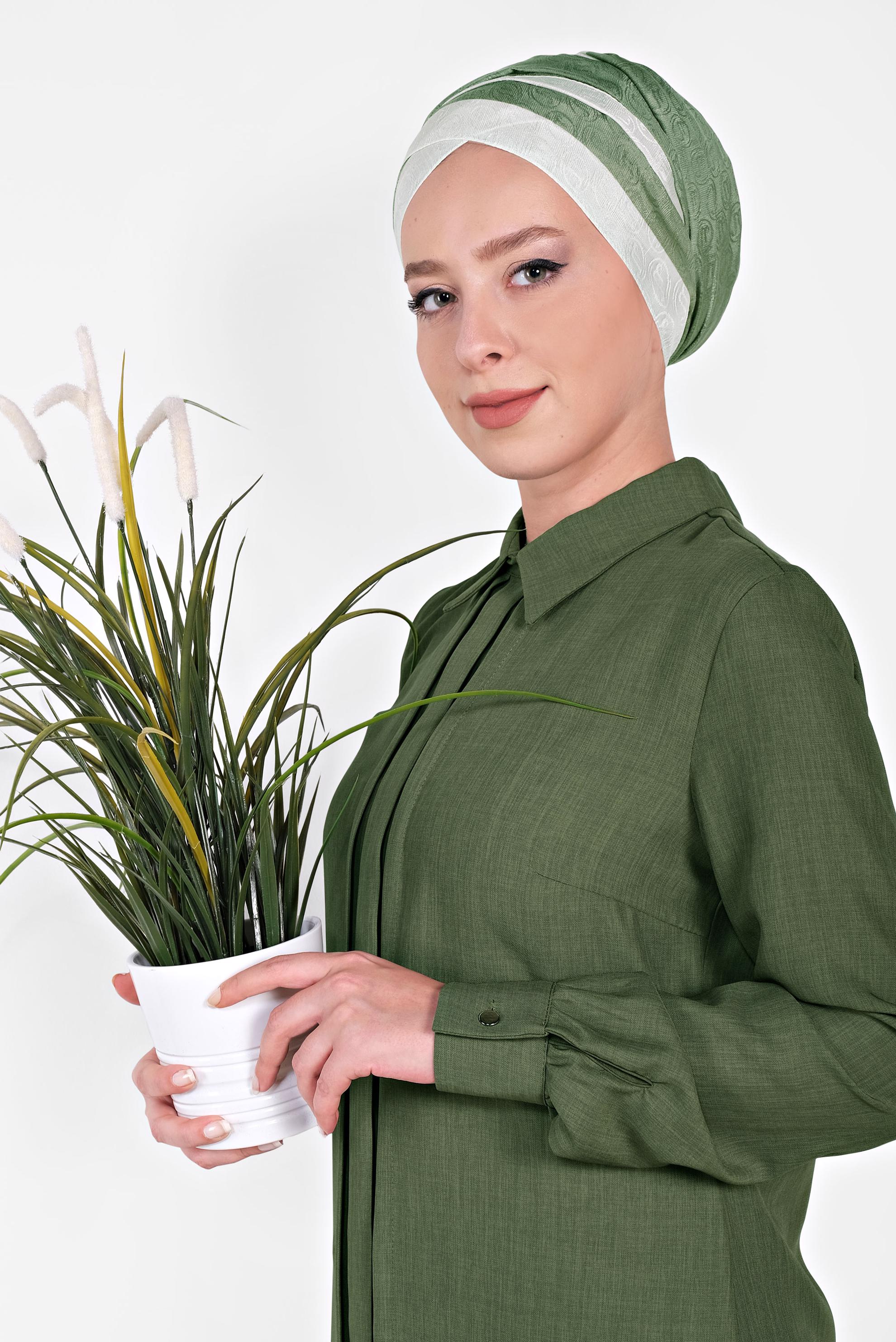 Tesettür giyim HAKİ MANŞETLERİ DÜĞMELİ ERKEK YAKA TUNİK 4032-2 