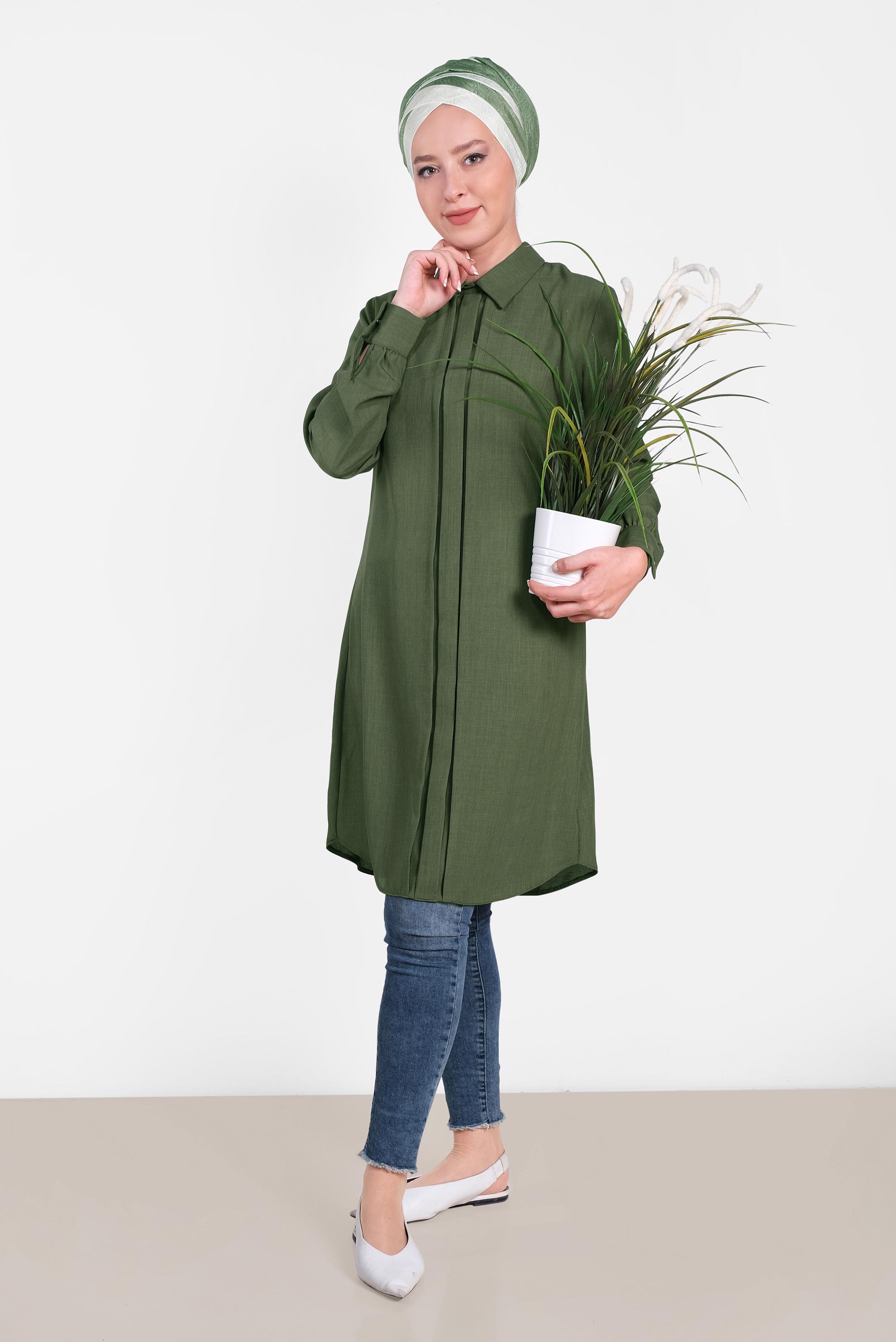 Tesettür giyim HAKİ MANŞETLERİ DÜĞMELİ ERKEK YAKA TUNİK 4032-2 