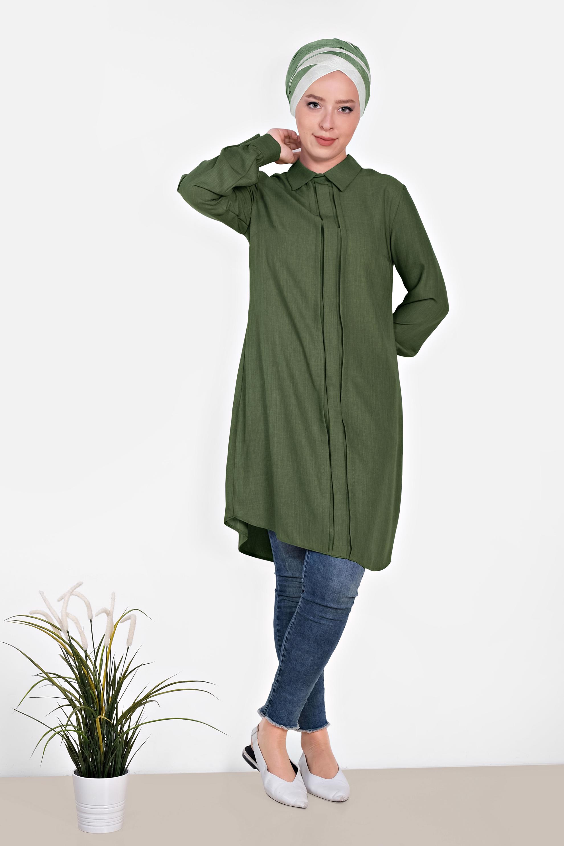 Tesettür giyim HAKİ MANŞETLERİ DÜĞMELİ ERKEK YAKA TUNİK 4032-2 