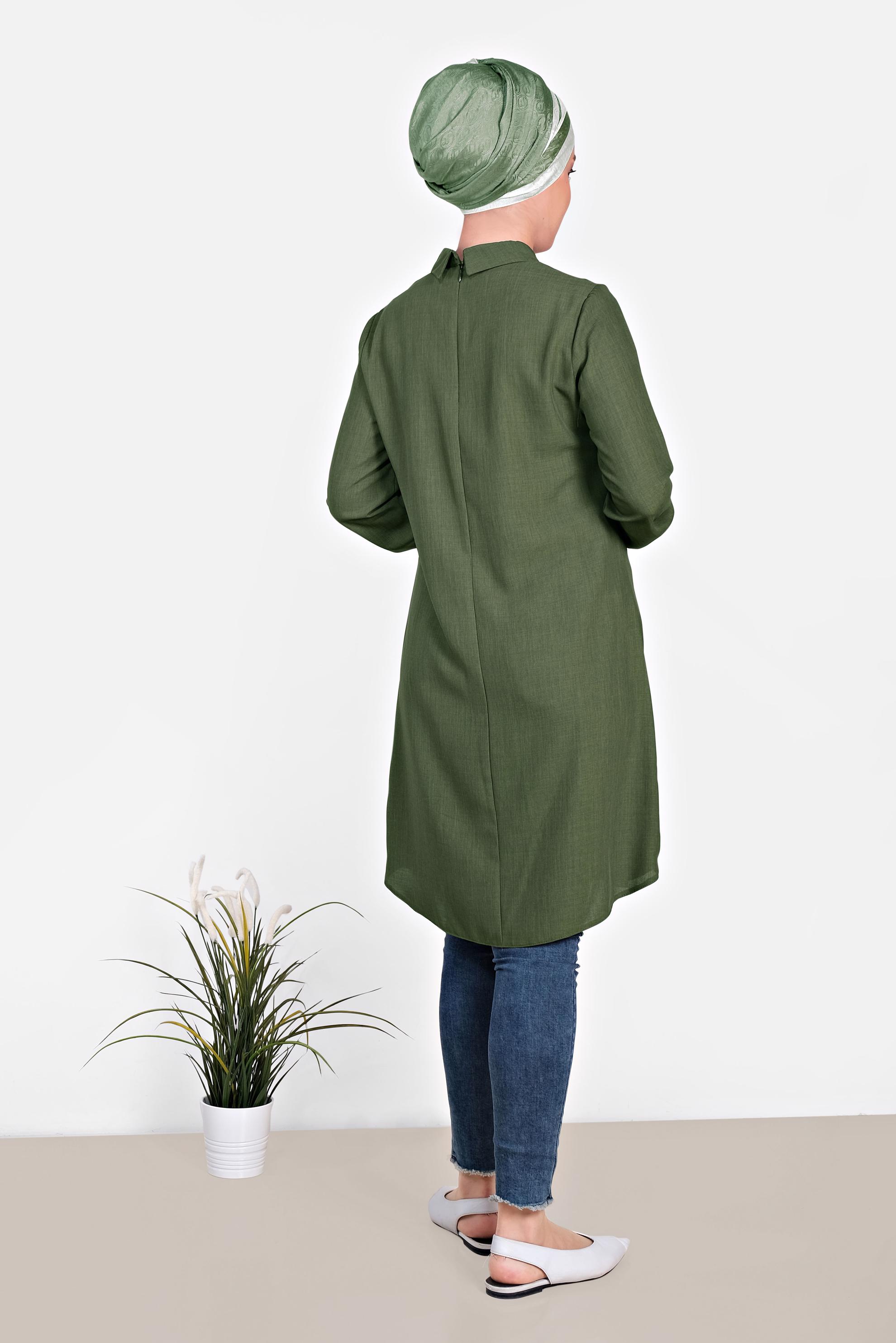 Tesettür giyim HAKİ MANŞETLERİ DÜĞMELİ ERKEK YAKA TUNİK 4032-2 