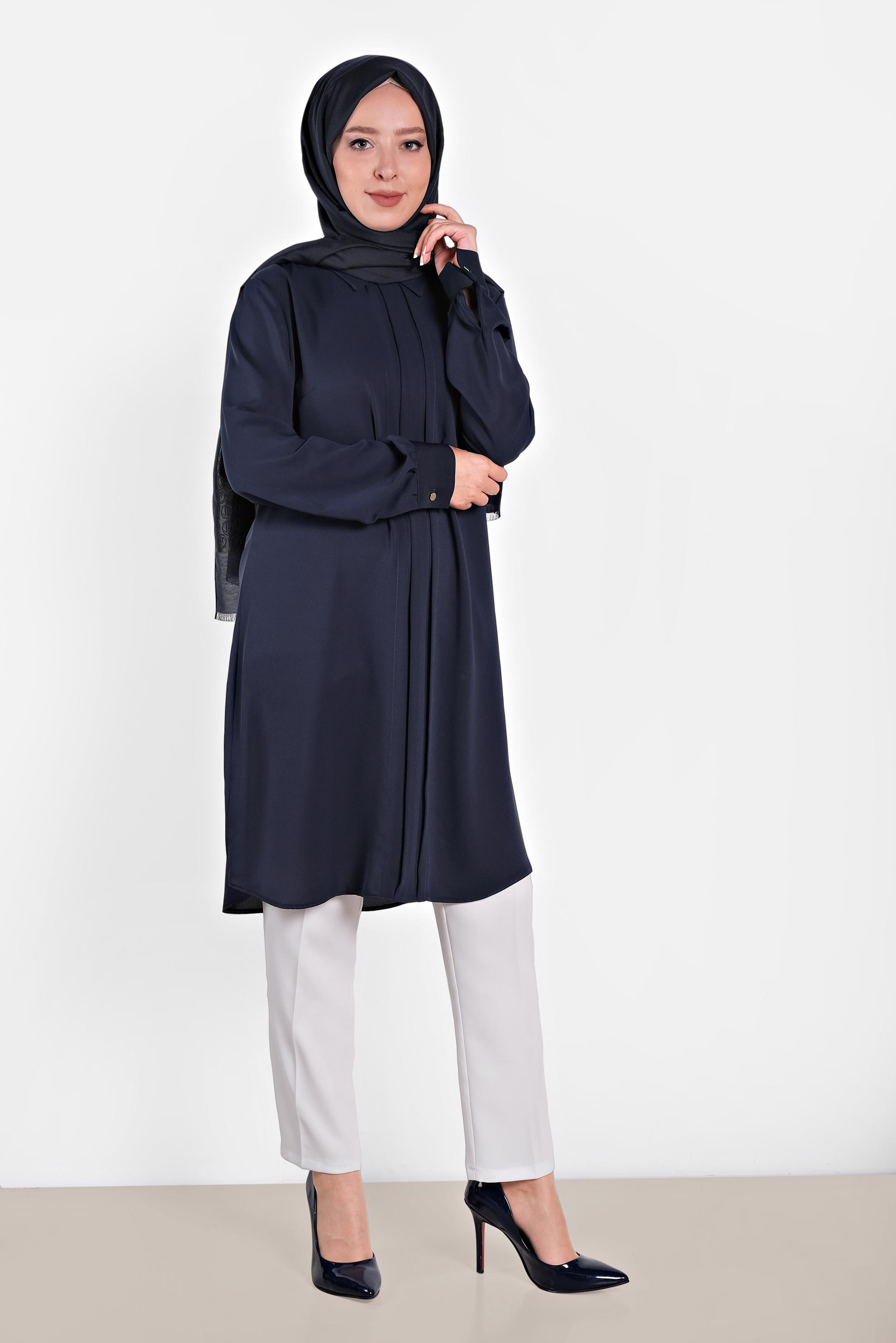 Tesettür giyim LACİVERT MANŞETLERİ DÜĞMELİ ERKEK YAKA TUNİK 4032-2 