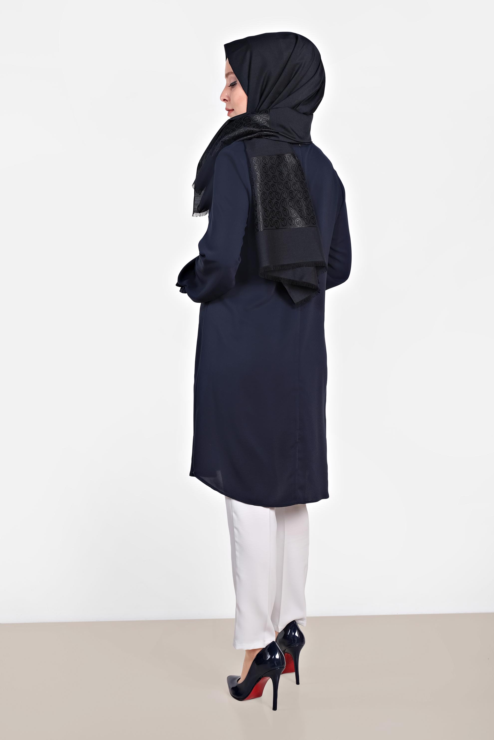 Tesettür giyim LACİVERT MANŞETLERİ DÜĞMELİ ERKEK YAKA TUNİK 4032-2 