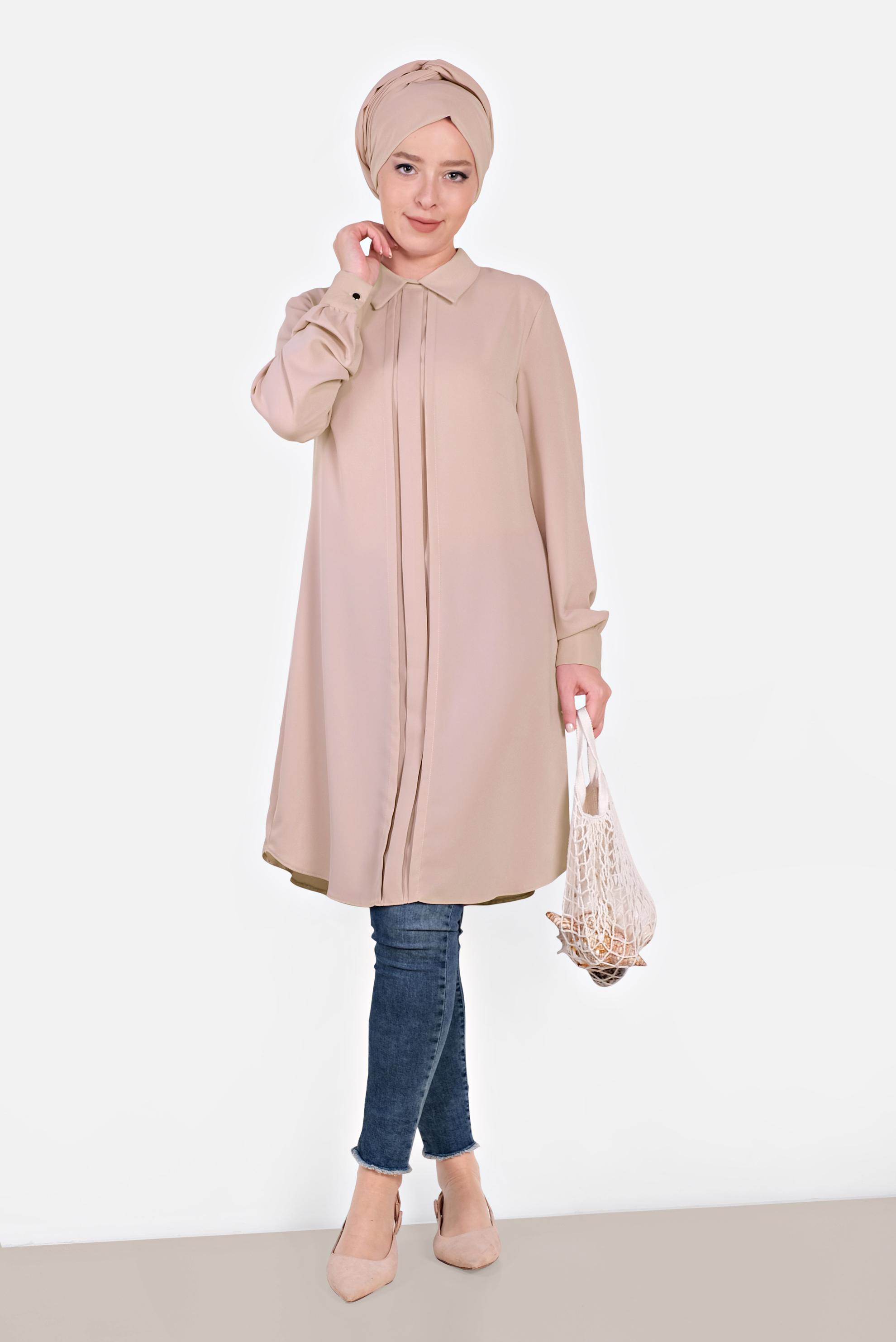 Tesettür giyim PUDRA MANŞETLERİ DÜĞMELİ ERKEK YAKA TUNİK 4032-2 