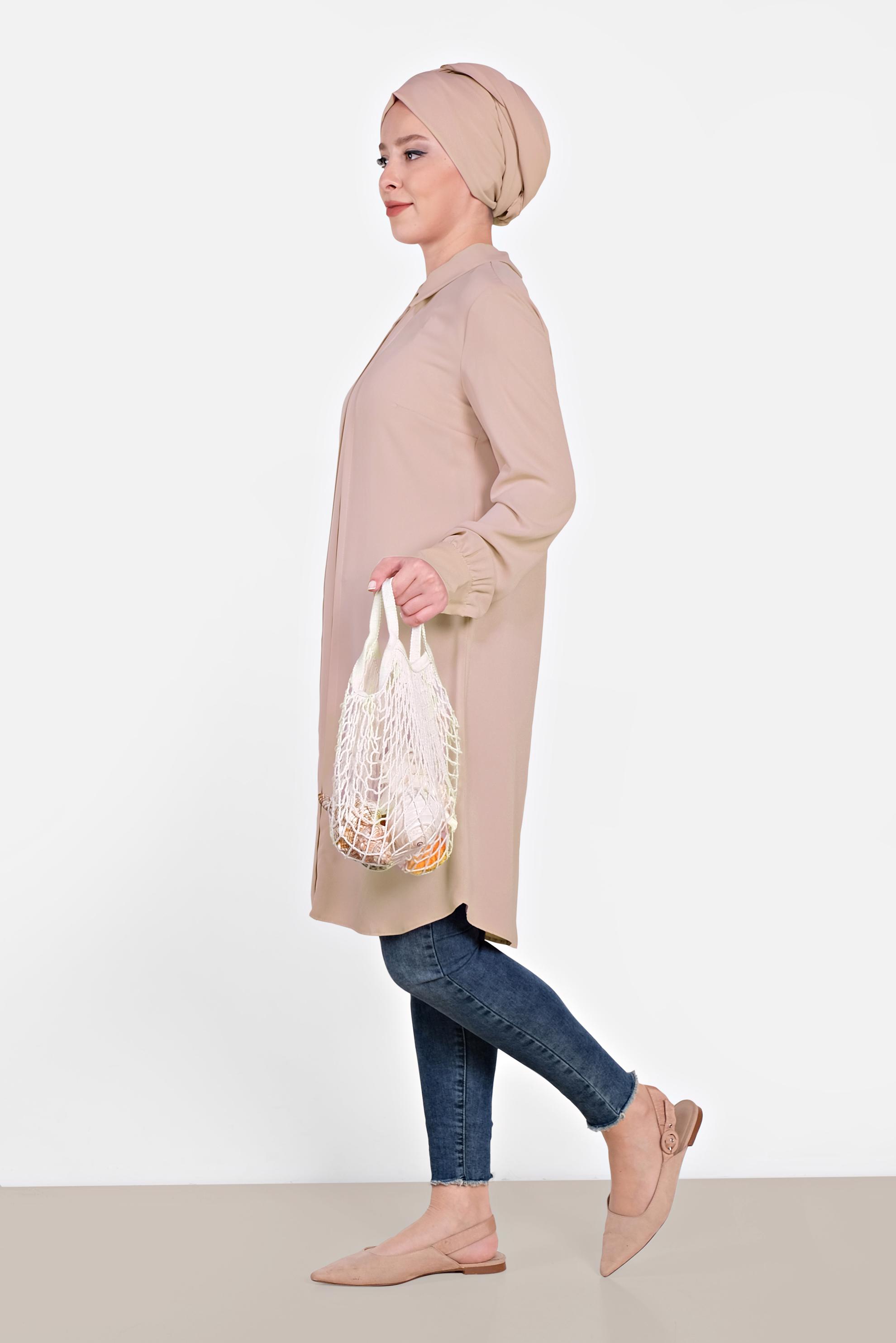 Tesettür giyim PUDRA MANŞETLERİ DÜĞMELİ ERKEK YAKA TUNİK 4032-2 