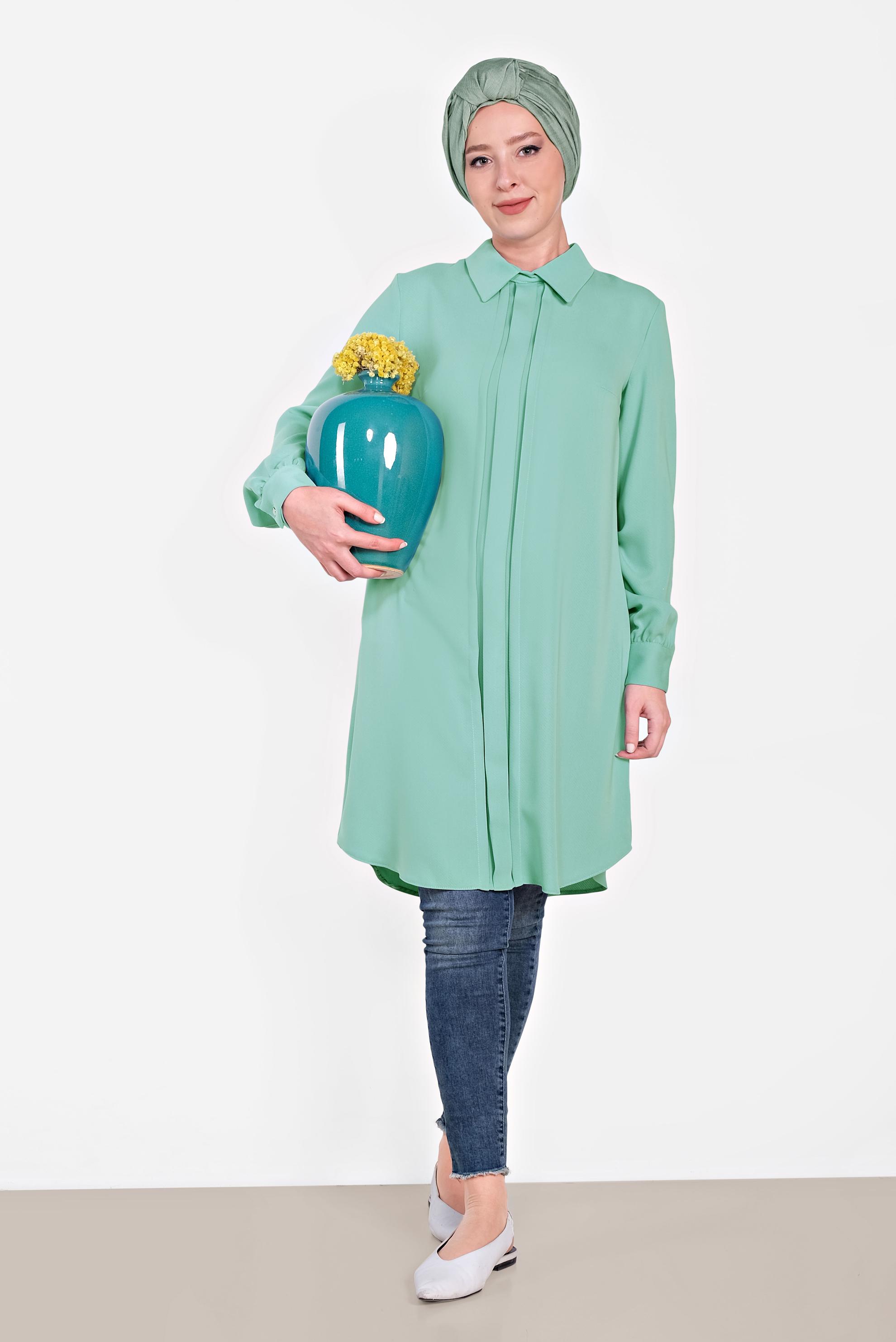 Tesettür giyim YEŞİL MANŞETLERİ DÜĞMELİ ERKEK YAKA TUNİK 4032-2 