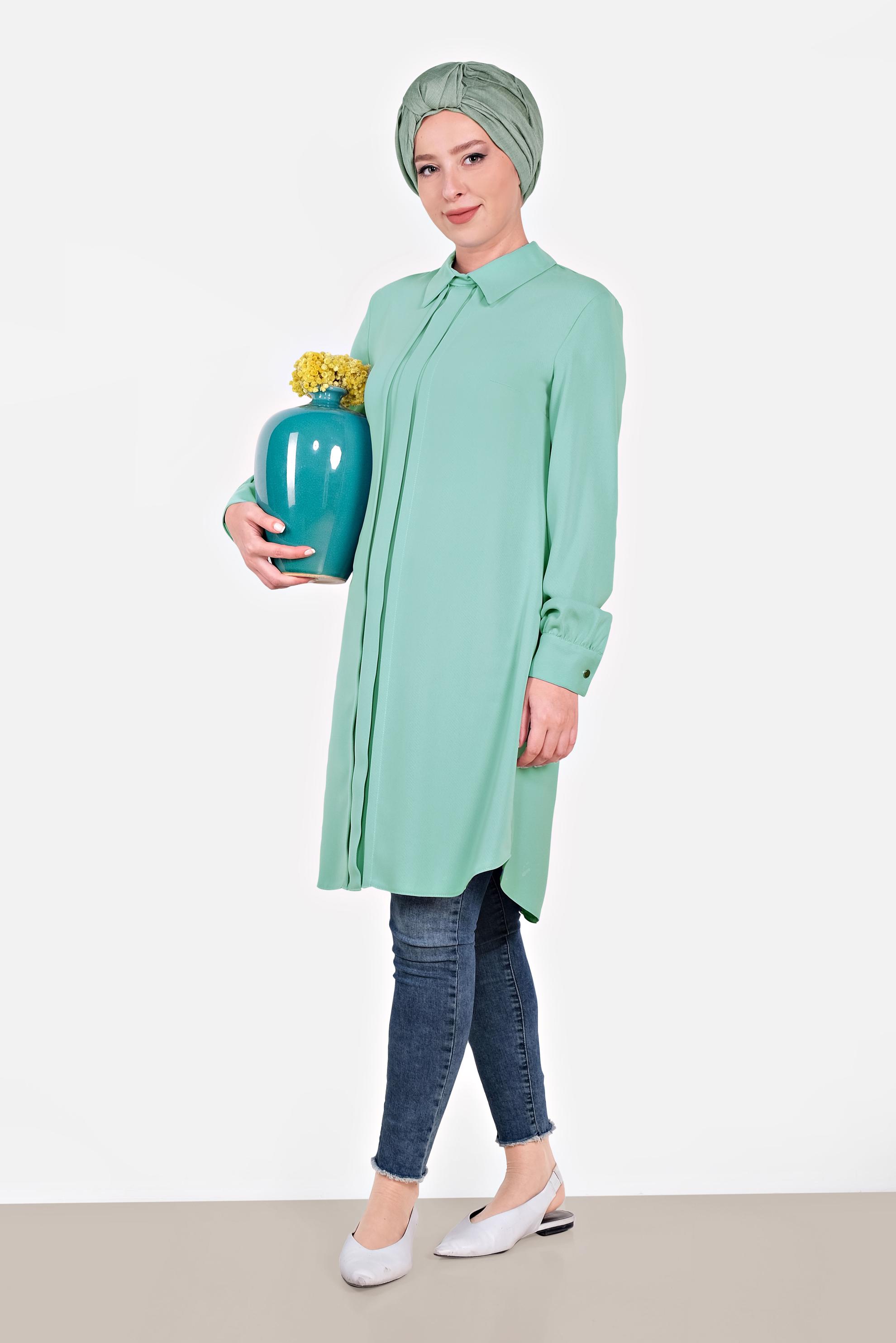 Tesettür giyim YEŞİL MANŞETLERİ DÜĞMELİ ERKEK YAKA TUNİK 4032-2 
