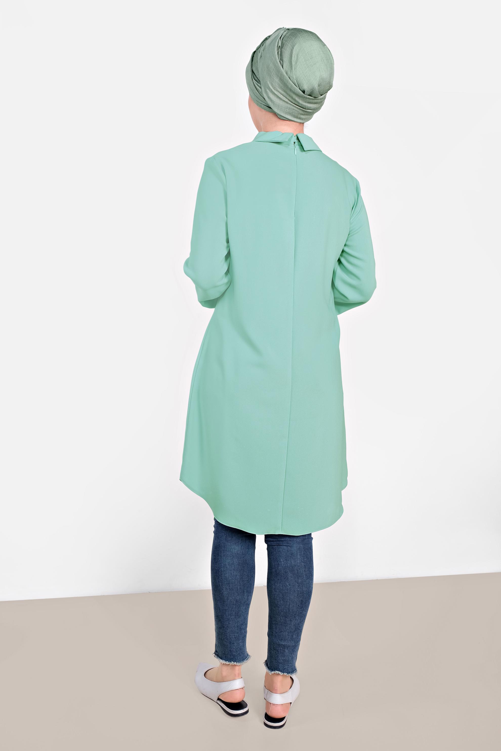 Tesettür giyim YEŞİL MANŞETLERİ DÜĞMELİ ERKEK YAKA TUNİK 4032-2 