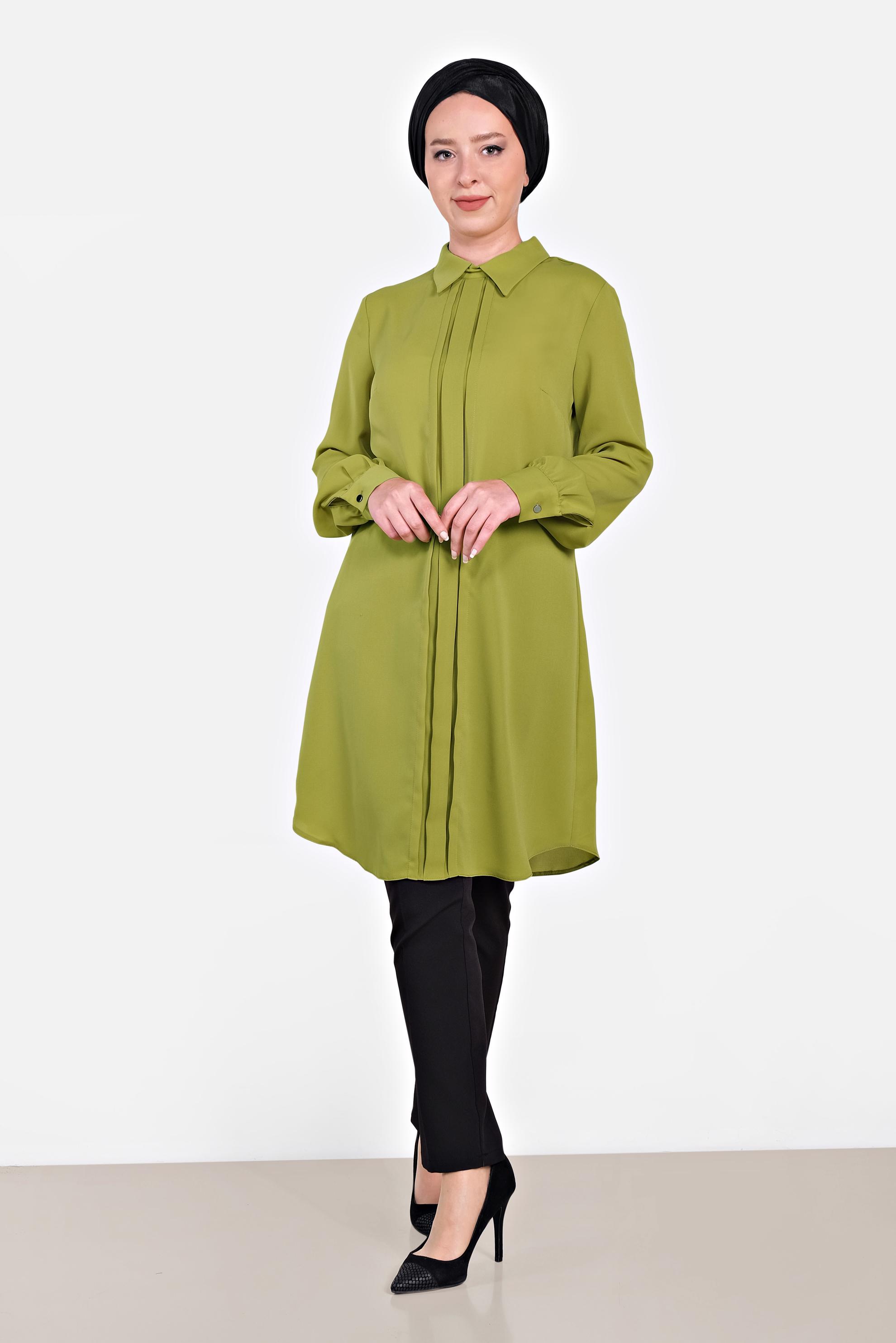 Tesettür giyim YEŞİL MANŞETLERİ DÜĞMELİ ERKEK YAKA TUNİK 4032-2 