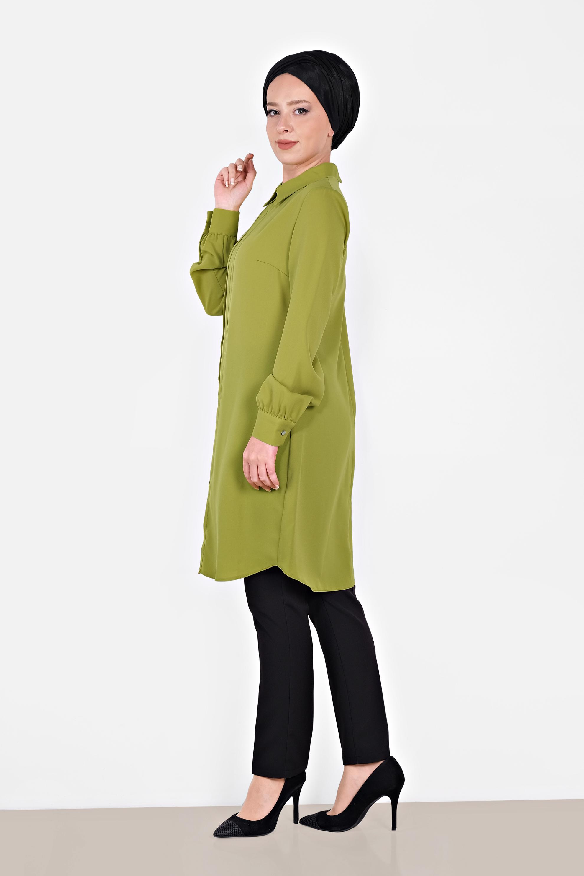 Tesettür giyim YEŞİL MANŞETLERİ DÜĞMELİ ERKEK YAKA TUNİK 4032-2 