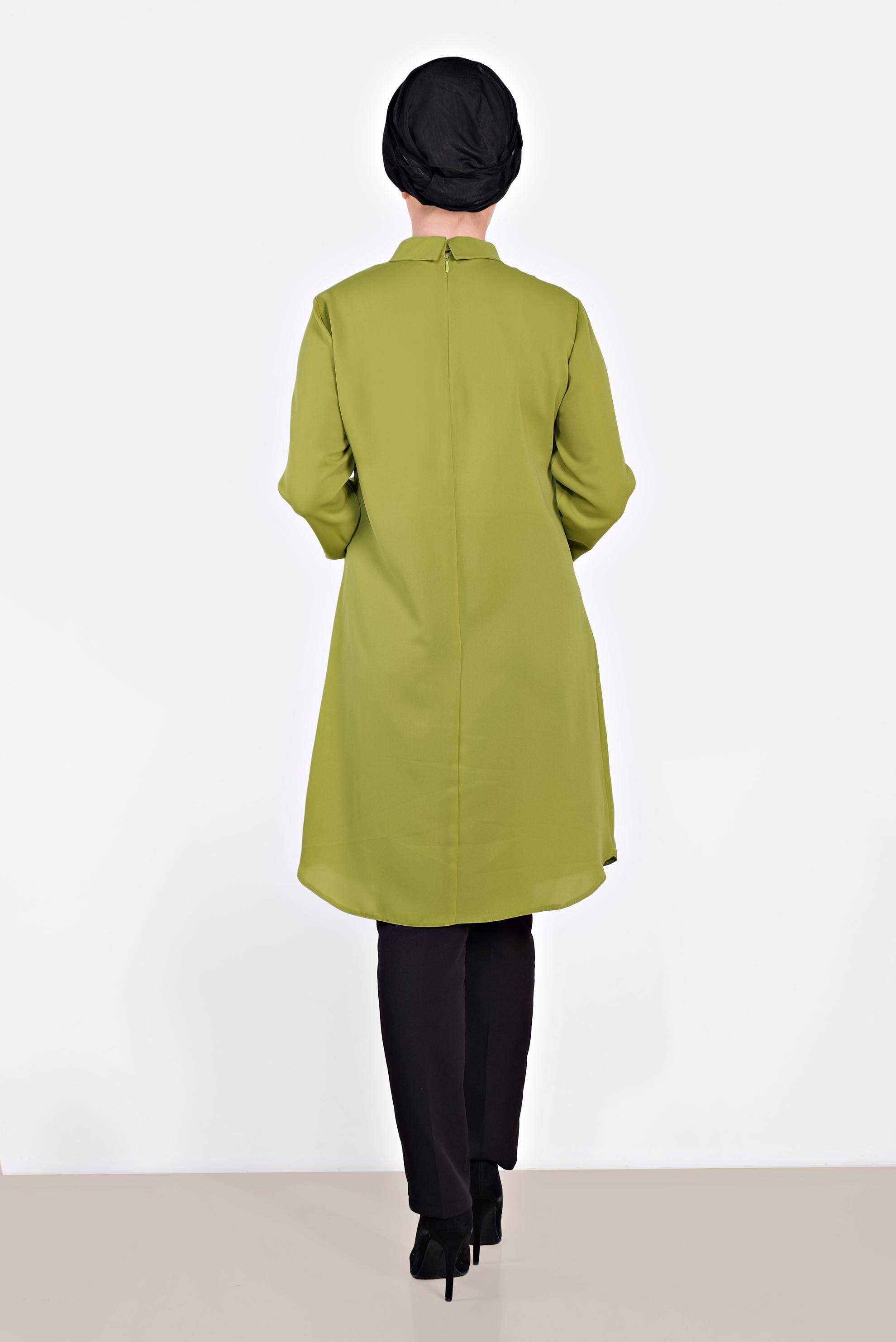 Tesettür giyim YEŞİL MANŞETLERİ DÜĞMELİ ERKEK YAKA TUNİK 4032-2 