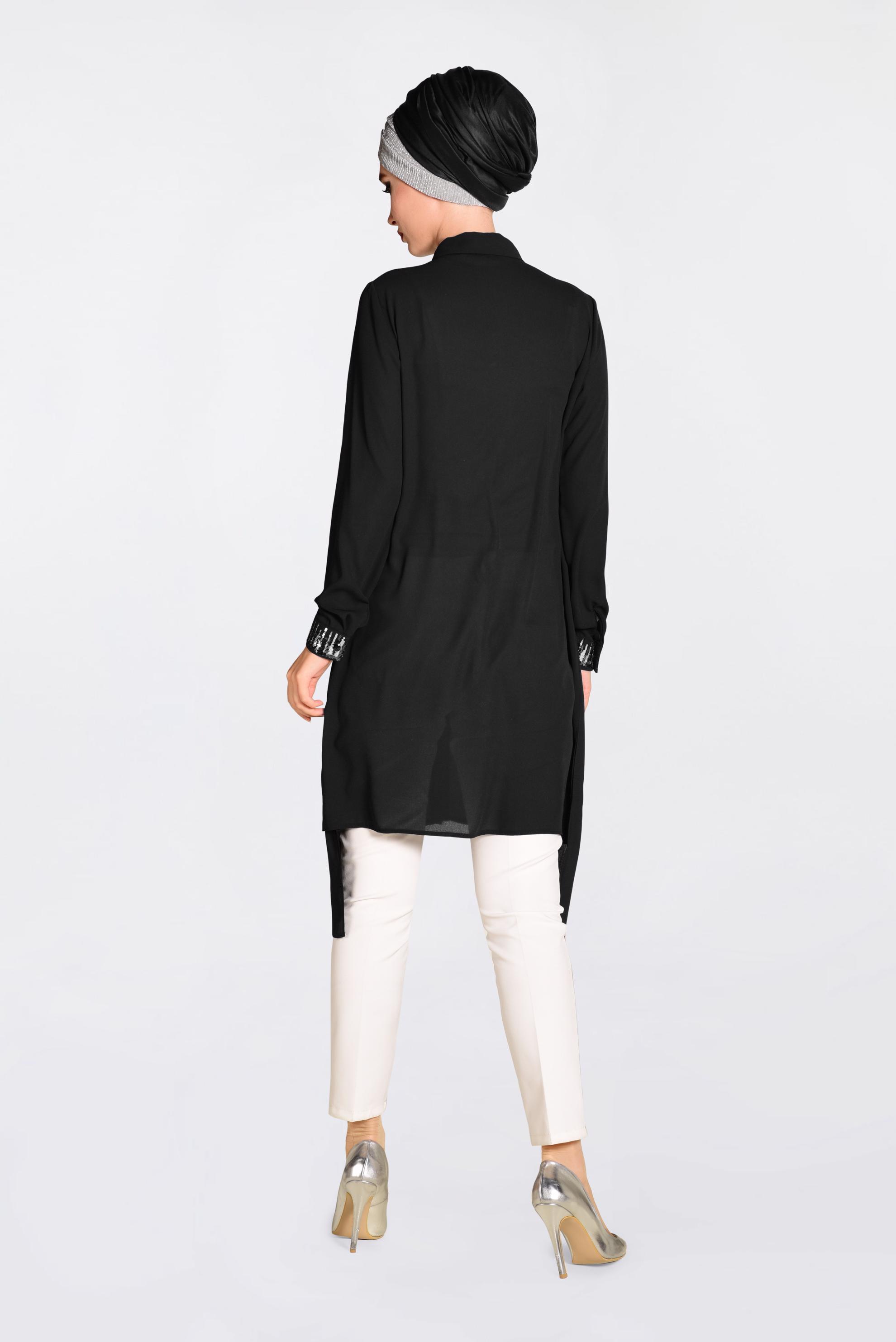 Tesettür giyim SİYAH PUL PAYET DETAYLI ASİMETRİK ŞİFON TUNİK 4077-1