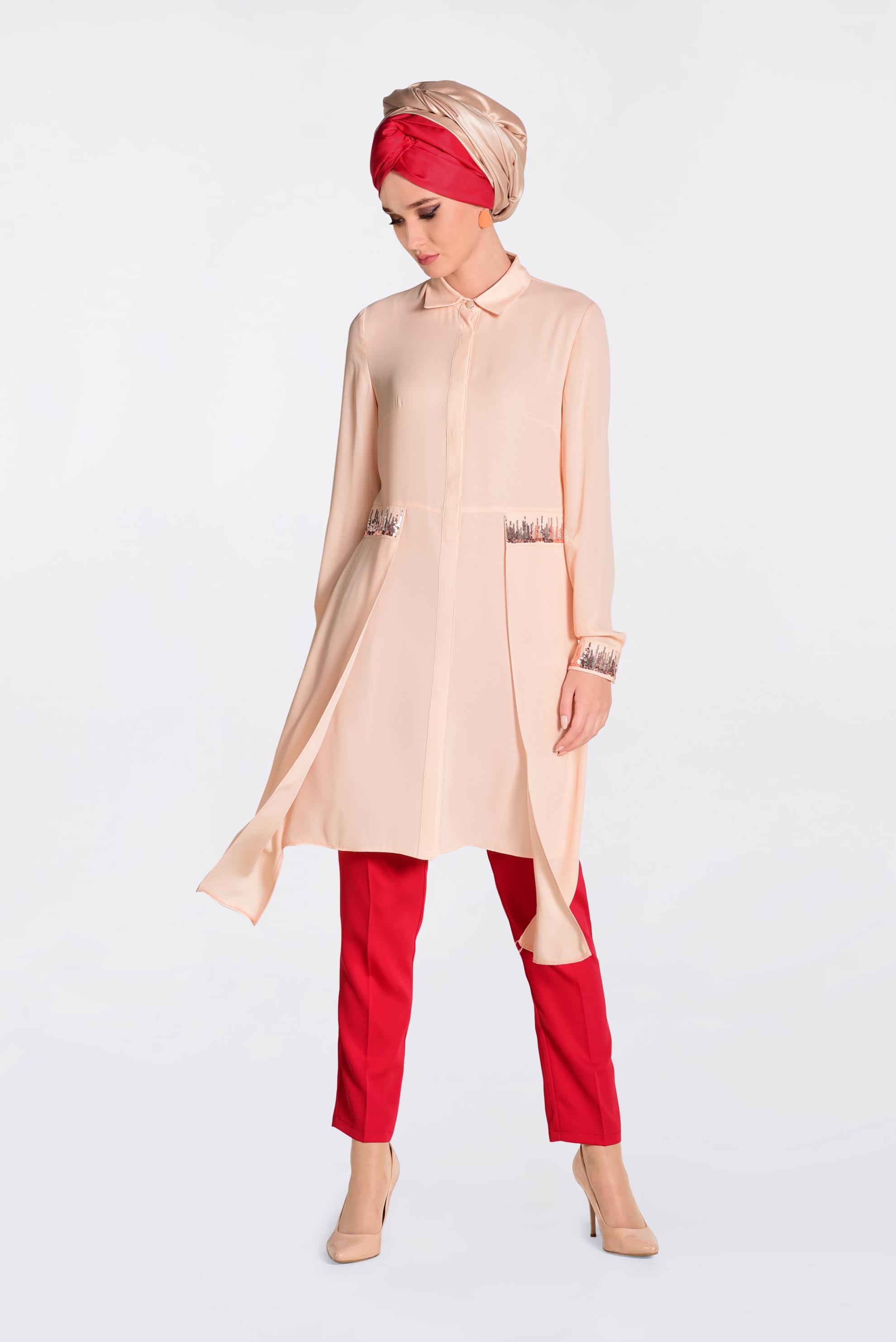 Tesettür giyim PUDRA PUL PAYET DETAYLI ASİMETRİK ŞİFON TUNİK 4077-1