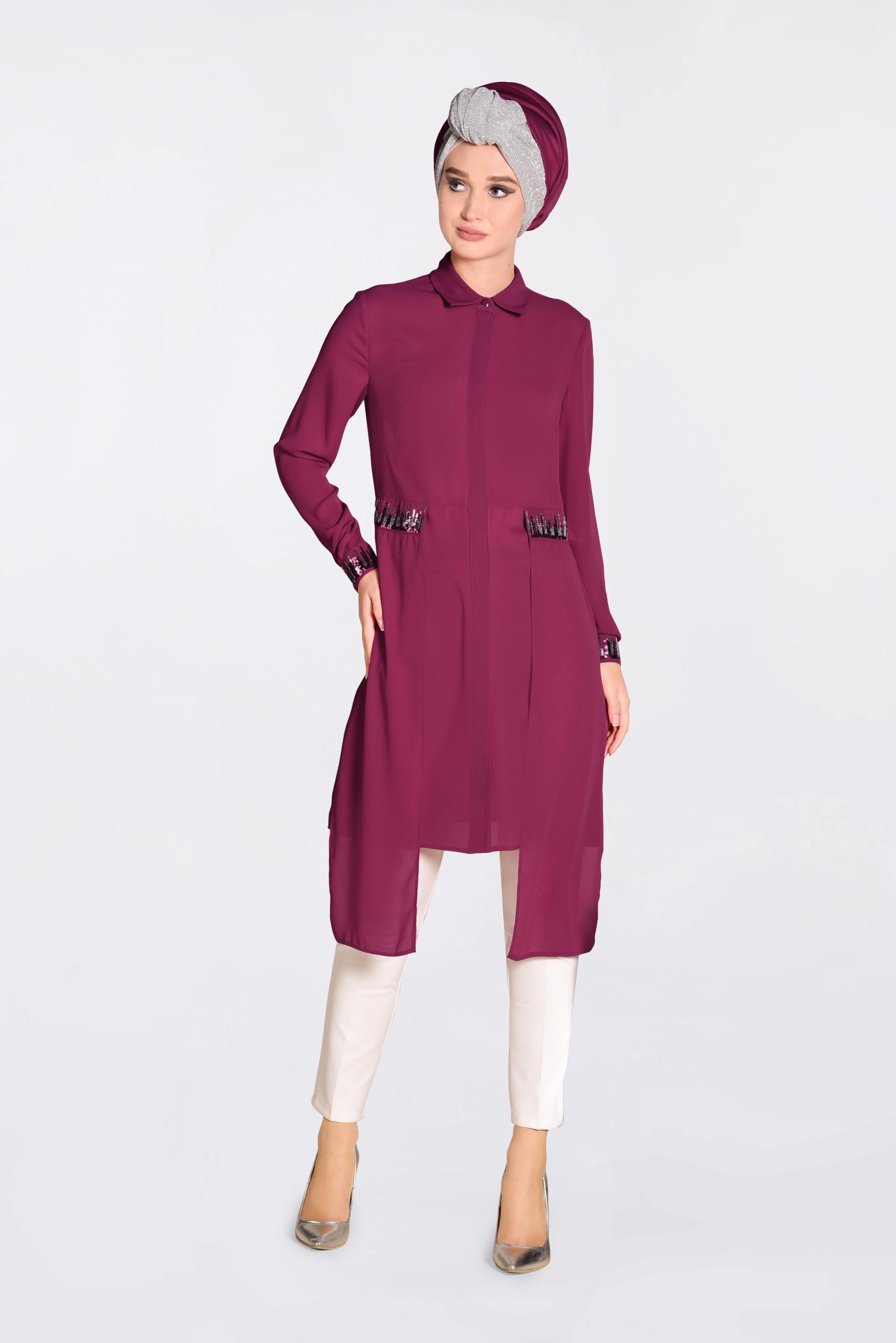 Tesettür giyim MOR PUL PAYET DETAYLI ASİMETRİK ŞİFON TUNİK 4077-1