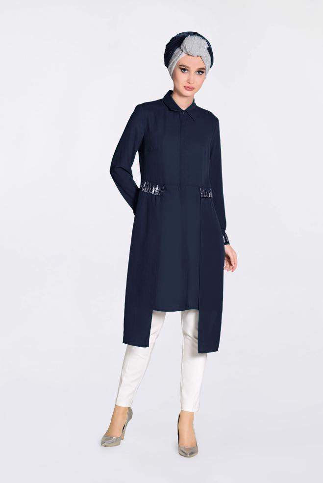 Tesettür giyim LACİVERT PUL PAYET DETAYLI ASİMETRİK ŞİFON TUNİK 4077-1