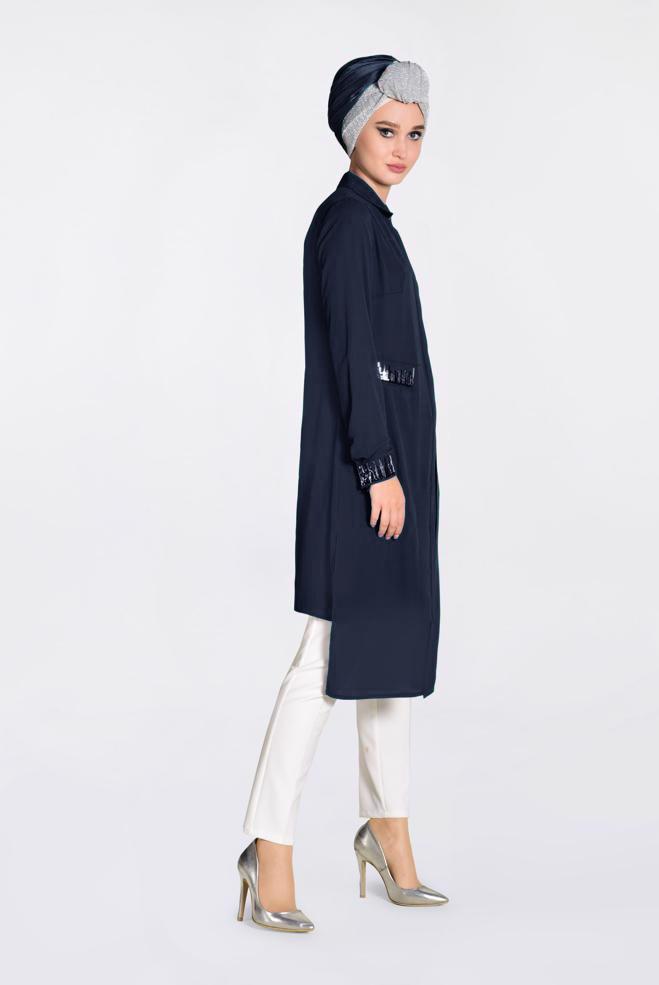 Tesettür giyim LACİVERT PUL PAYET DETAYLI ASİMETRİK ŞİFON TUNİK 4077-1
