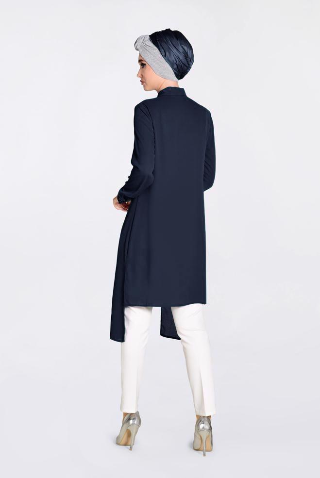 Tesettür giyim LACİVERT PUL PAYET DETAYLI ASİMETRİK ŞİFON TUNİK 4077-1