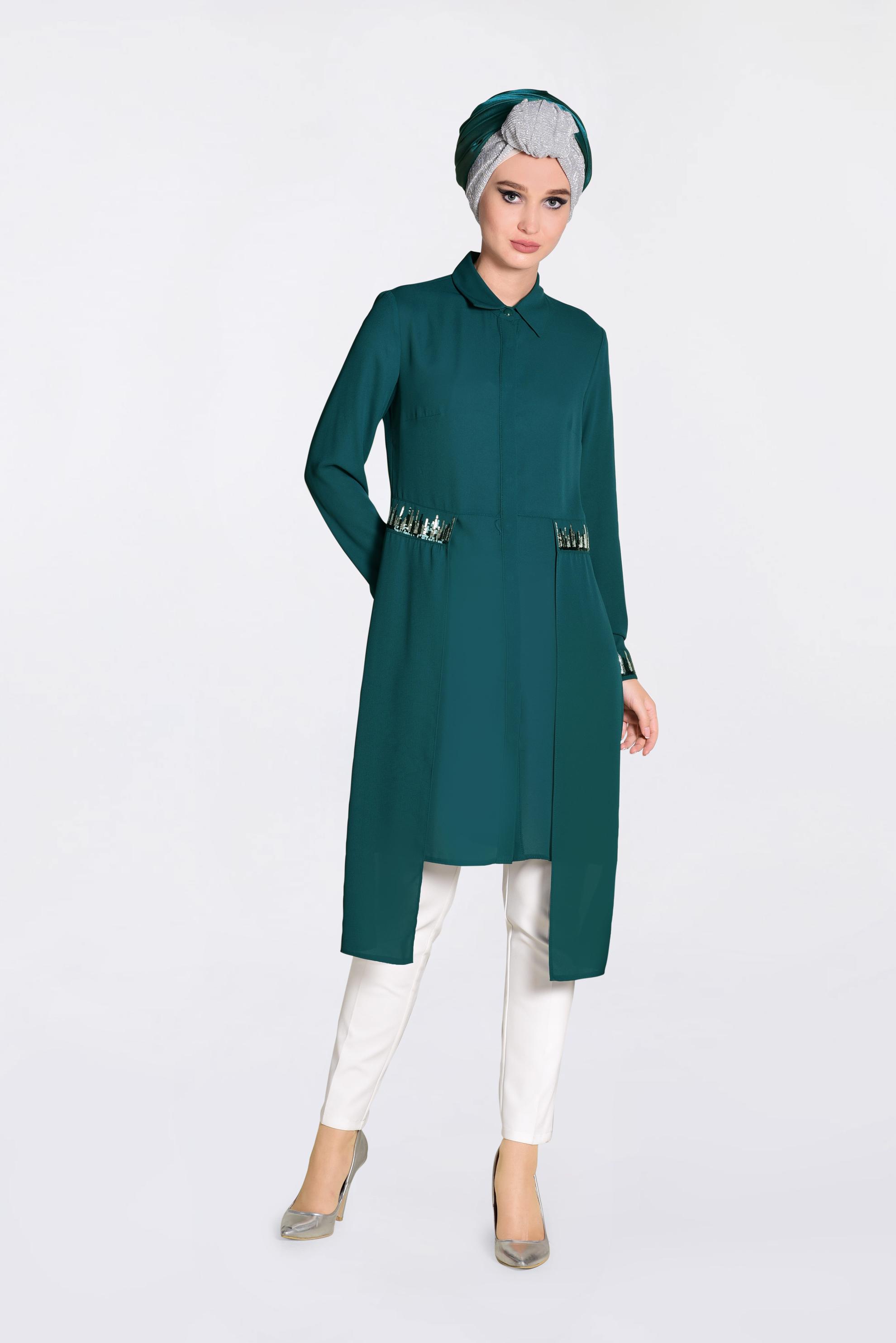 Tesettür giyim YEŞİL PUL PAYET DETAYLI ASİMETRİK ŞİFON TUNİK 4077-1