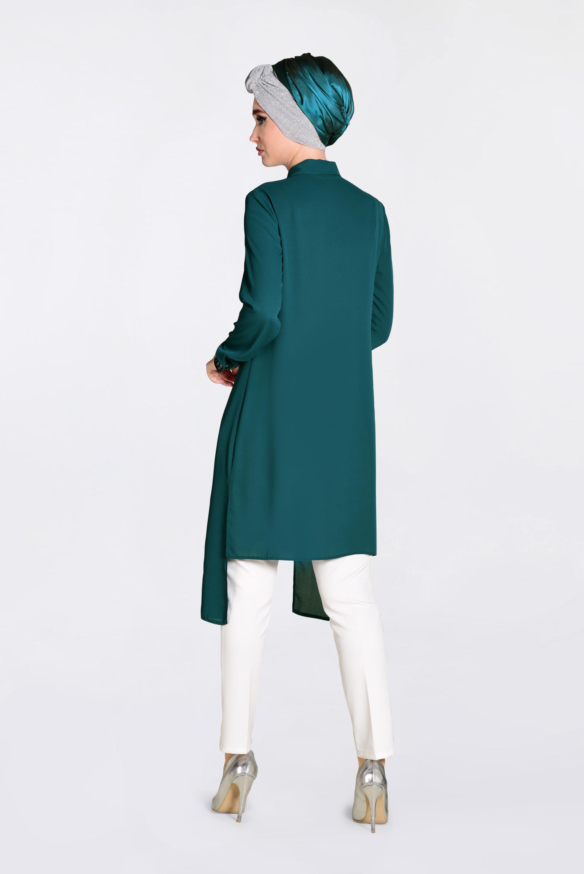 Tesettür giyim YEŞİL PUL PAYET DETAYLI ASİMETRİK ŞİFON TUNİK 4077-1