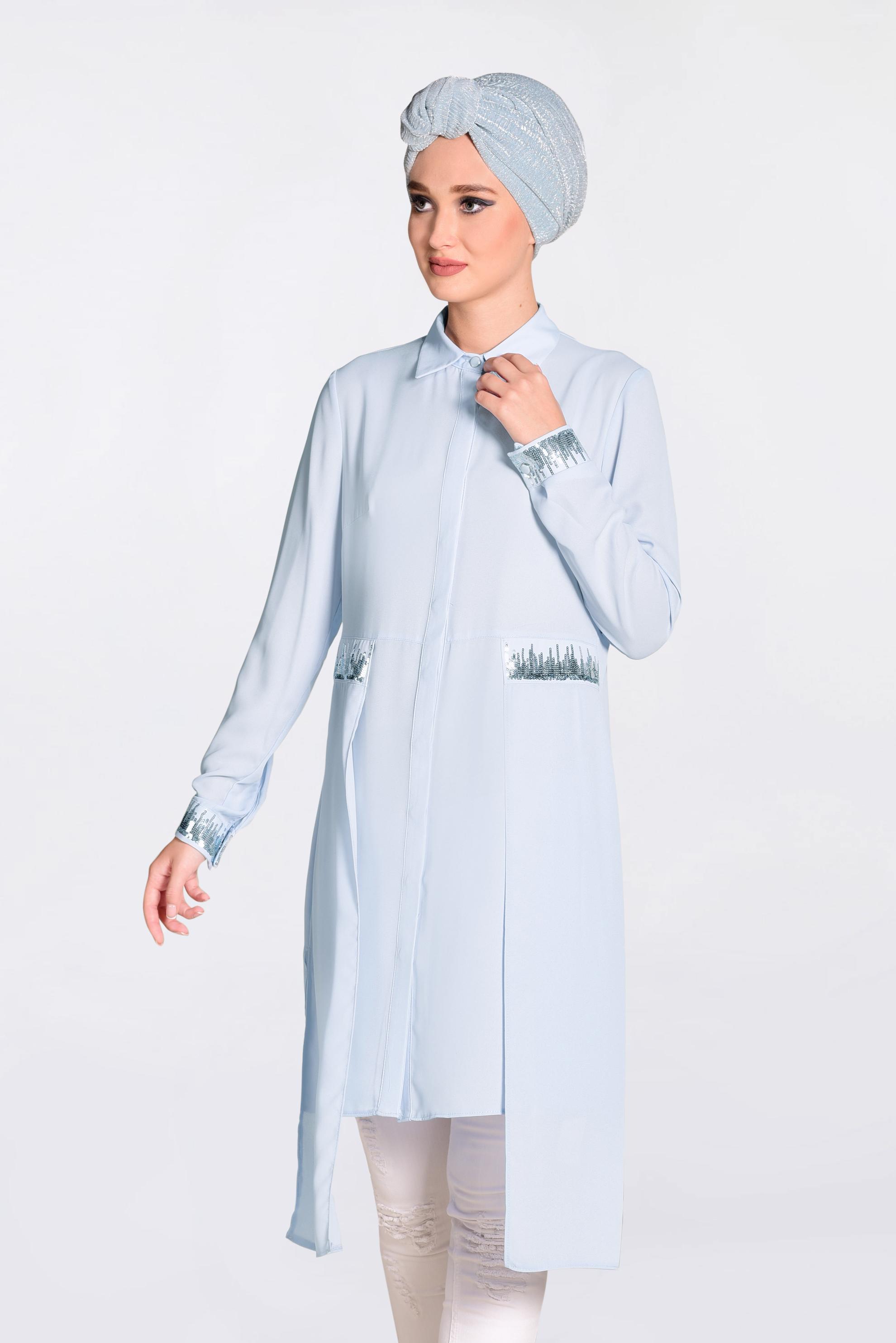 Tesettür giyim MAVİ PUL PAYET DETAYLI ASİMETRİK ŞİFON TUNİK 4077-1