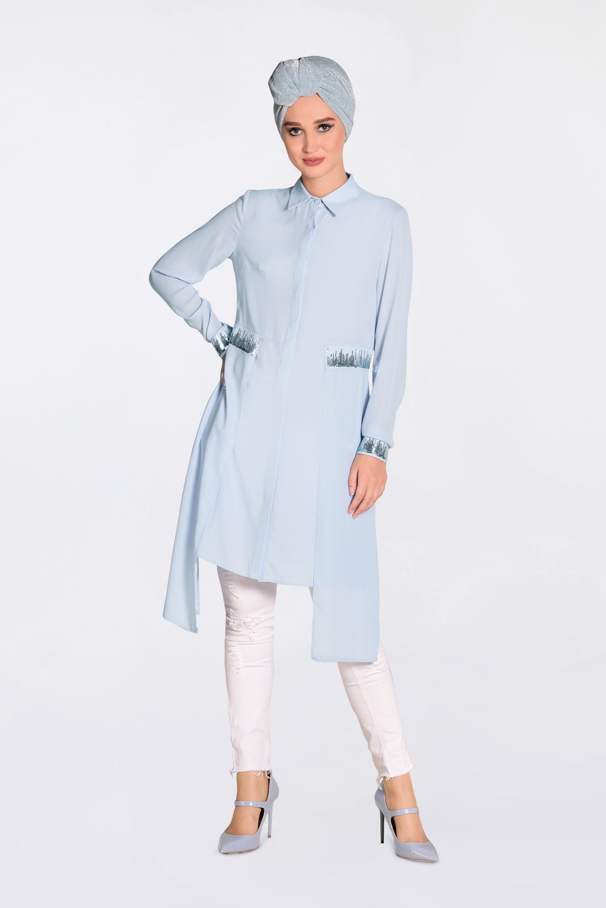 Tesettür giyim MAVİ PUL PAYET DETAYLI ASİMETRİK ŞİFON TUNİK 4077-1