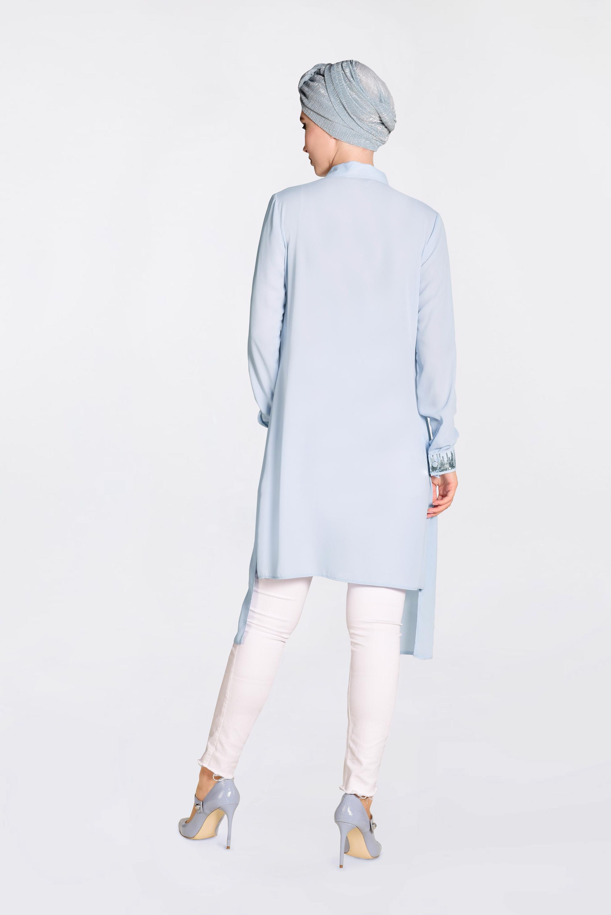 Tesettür giyim MAVİ PUL PAYET DETAYLI ASİMETRİK ŞİFON TUNİK 4077-1