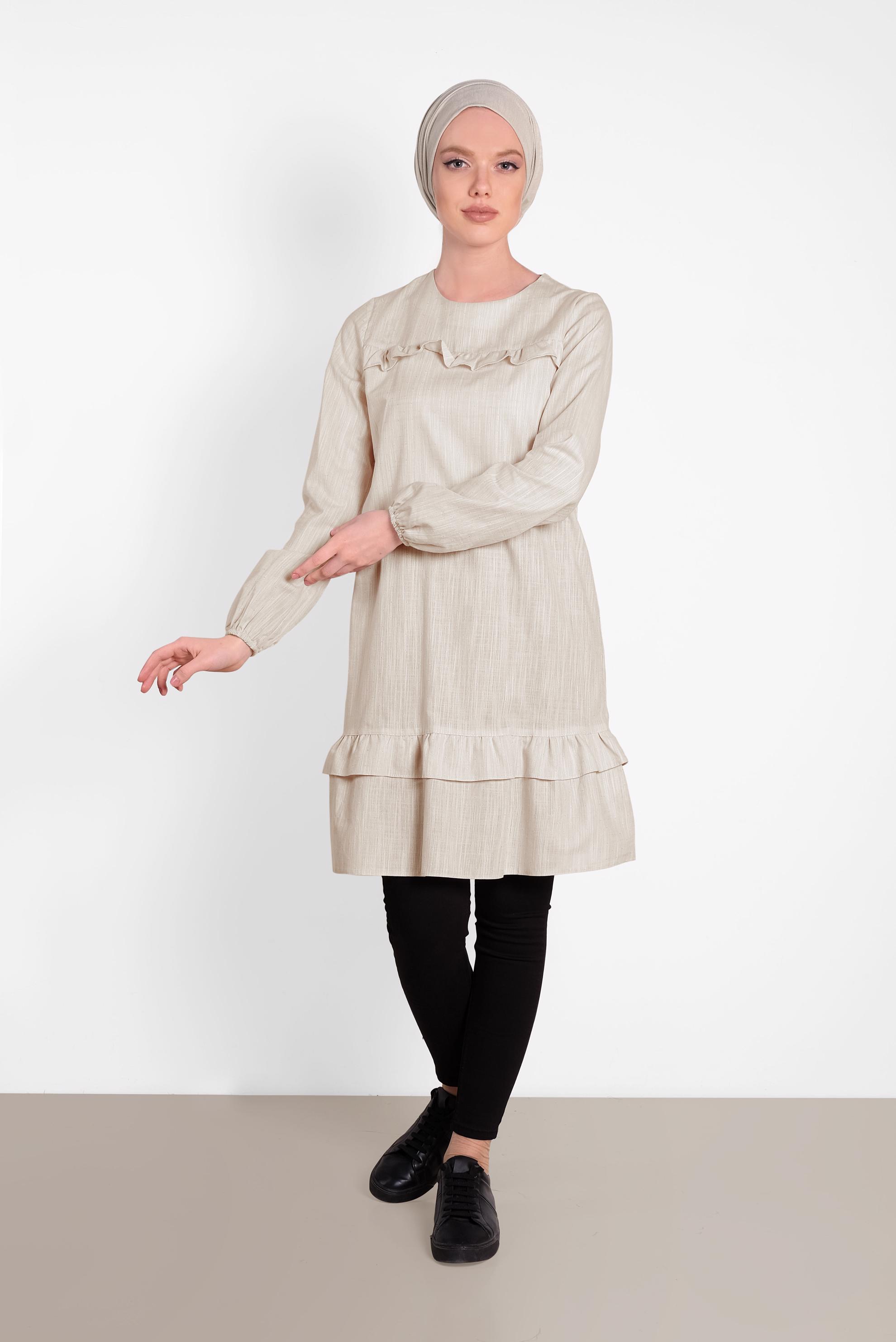 Tesettür giyim BEJ PAMUKLU FIRFIR DETAYLI TUNİK 4151-1