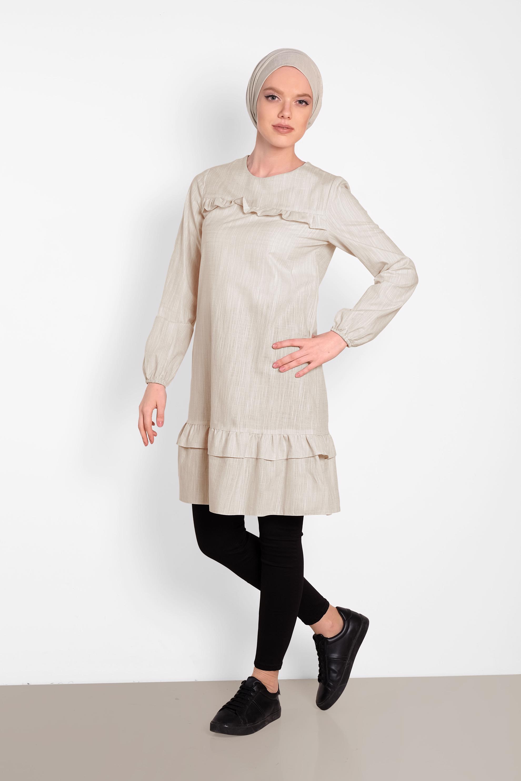 Tesettür giyim BEJ PAMUKLU FIRFIR DETAYLI TUNİK 4151-1