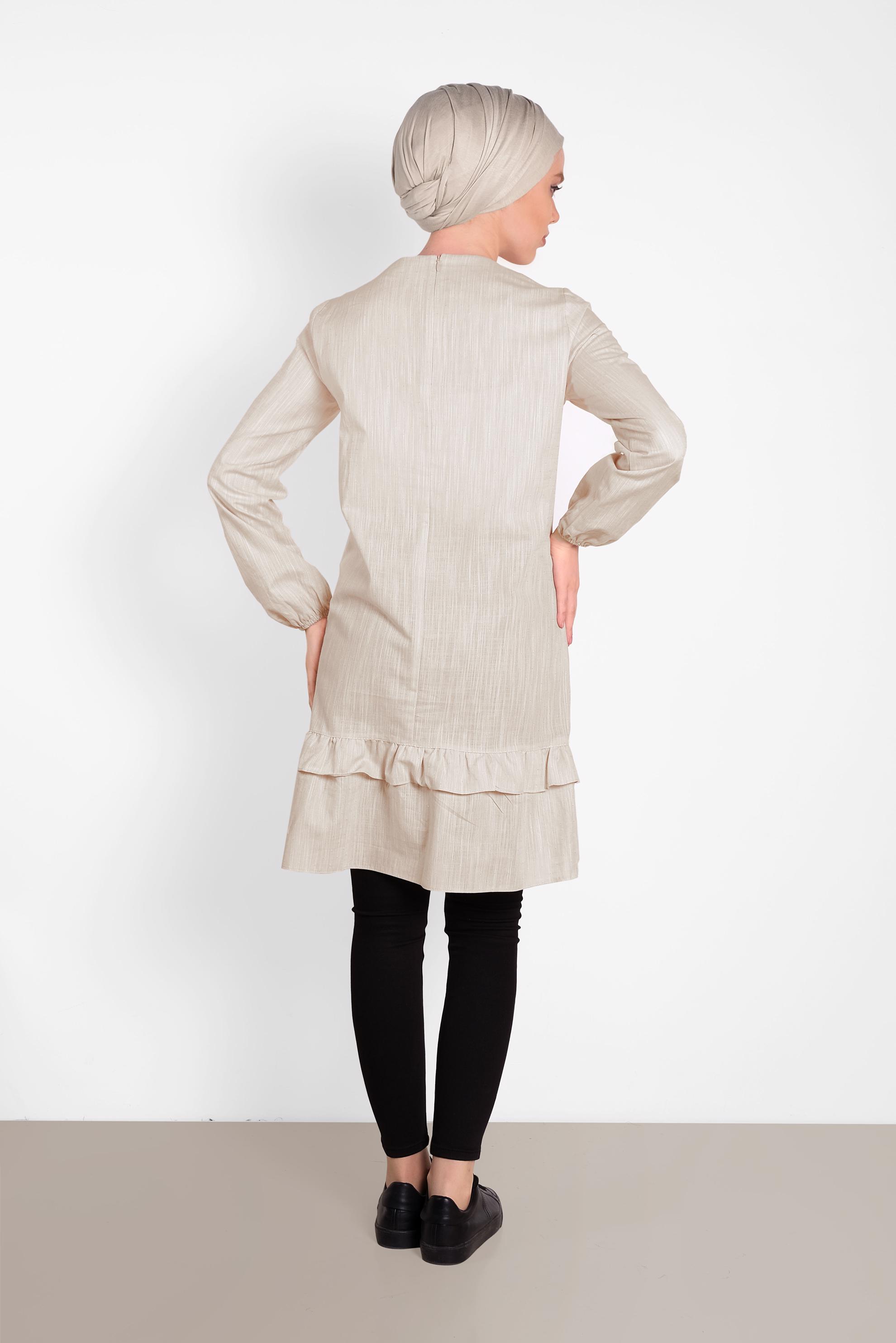 Tesettür giyim BEJ PAMUKLU FIRFIR DETAYLI TUNİK 4151-1