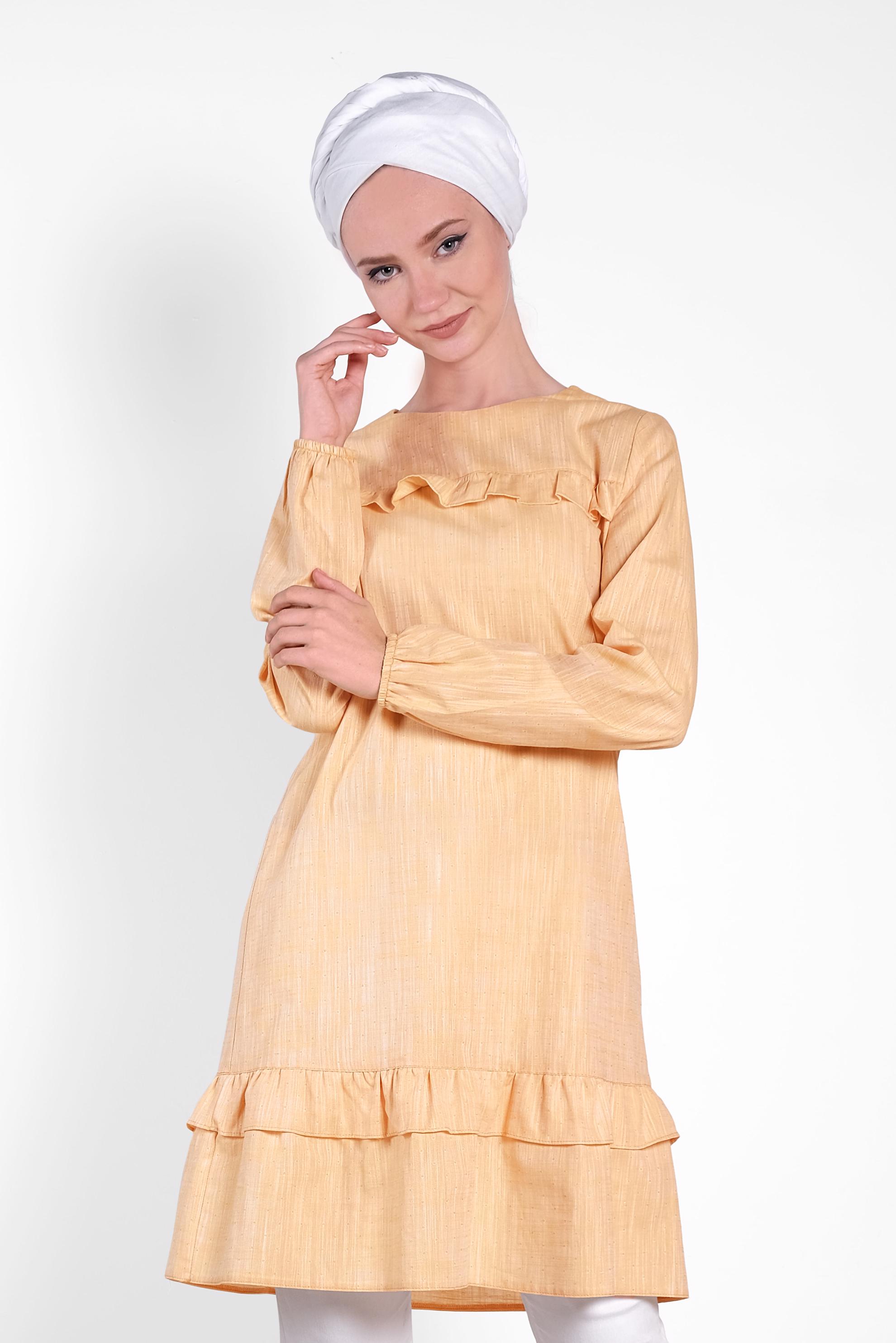 Tesettür giyim SARI PAMUKLU FIRFIR DETAYLI TUNİK 4151-1