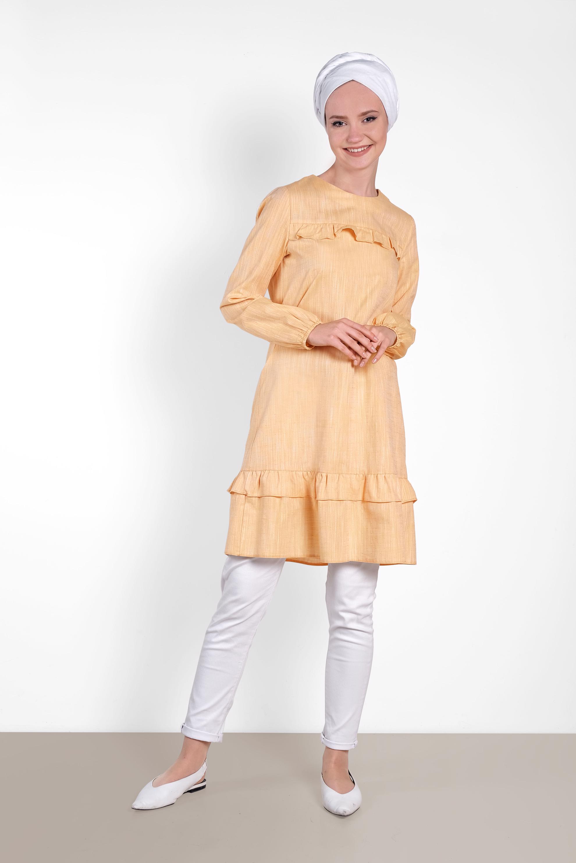 Tesettür giyim SARI PAMUKLU FIRFIR DETAYLI TUNİK 4151-1