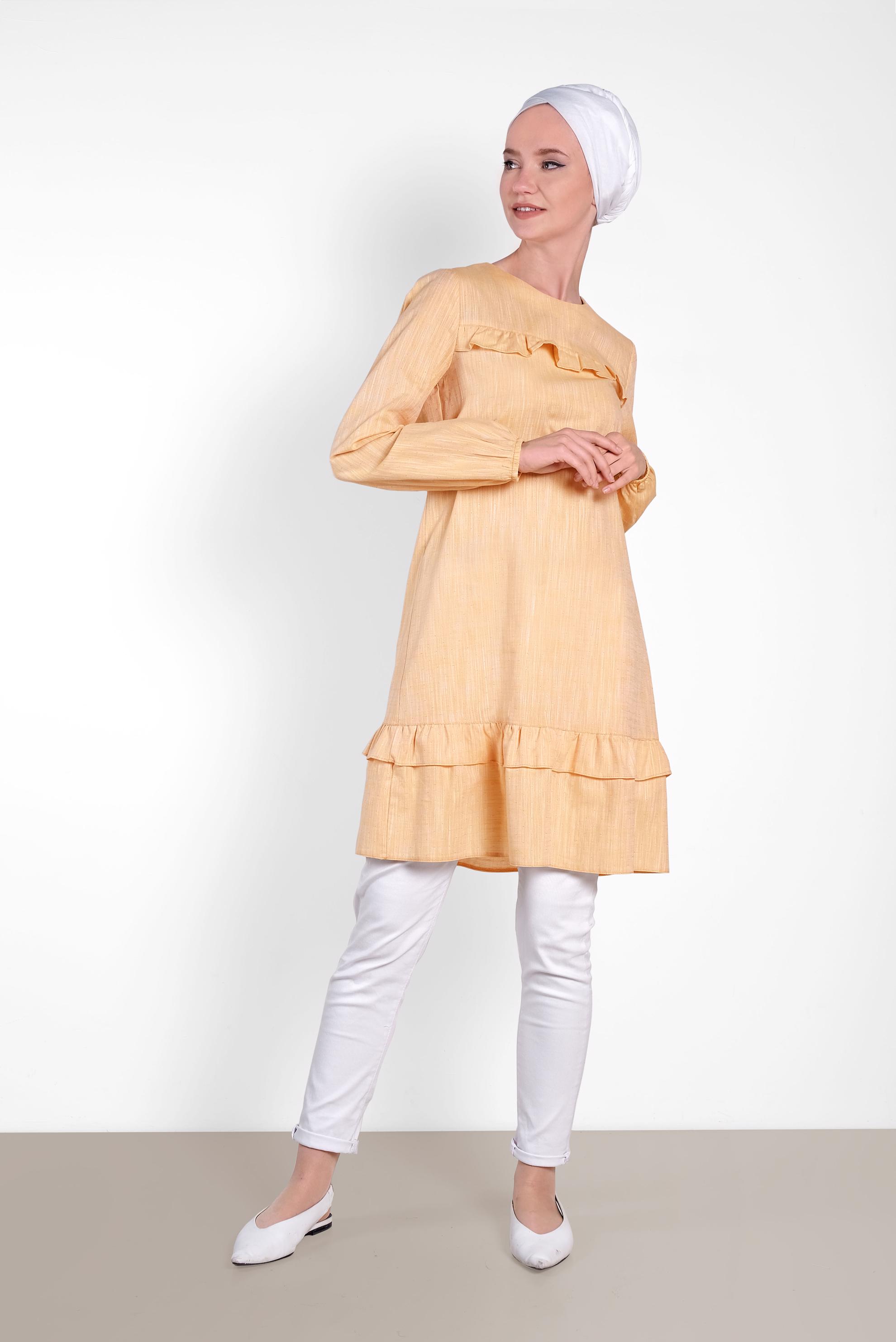 Tesettür giyim SARI PAMUKLU FIRFIR DETAYLI TUNİK 4151-1