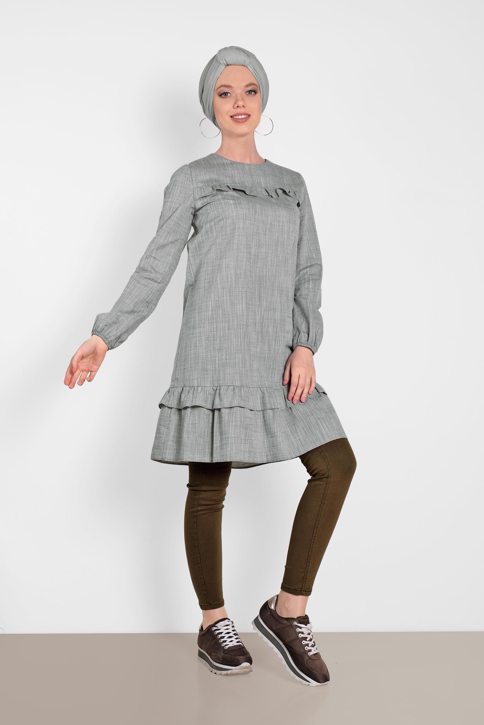 Tesettür giyim HAKİ PAMUKLU FIRFIR DETAYLI TUNİK 4151-1