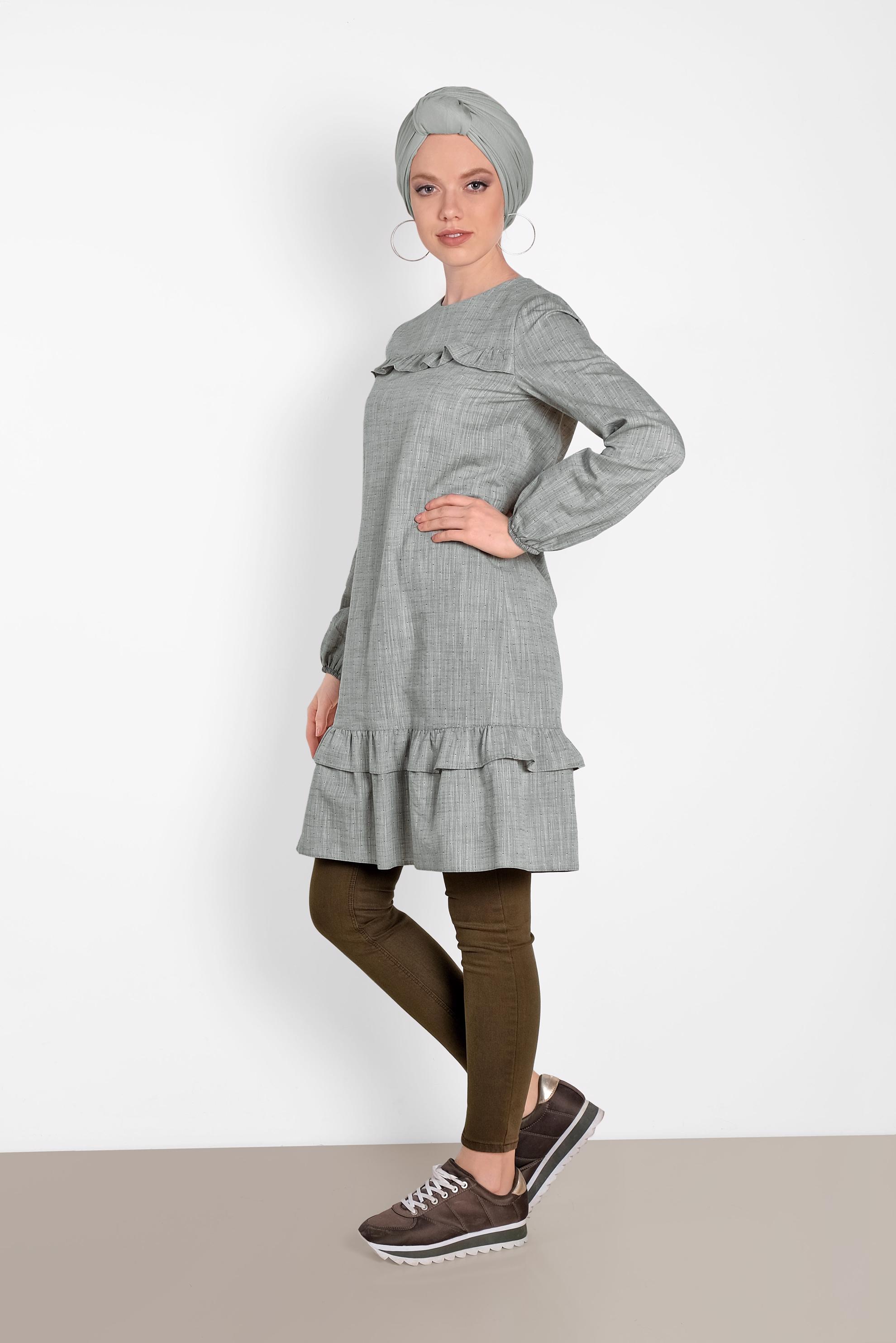 Tesettür giyim HAKİ PAMUKLU FIRFIR DETAYLI TUNİK 4151-1