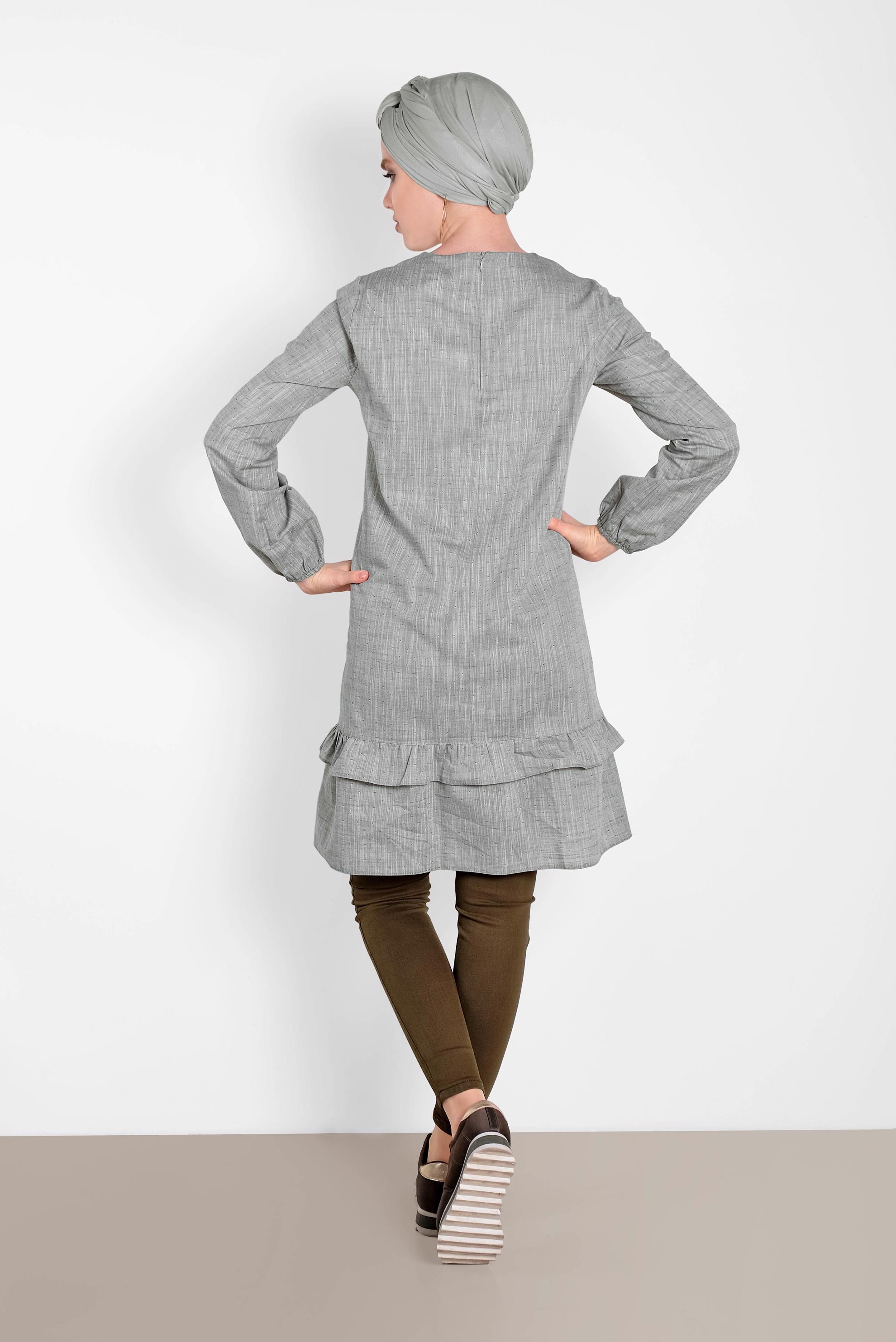 Tesettür giyim HAKİ PAMUKLU FIRFIR DETAYLI TUNİK 4151-1