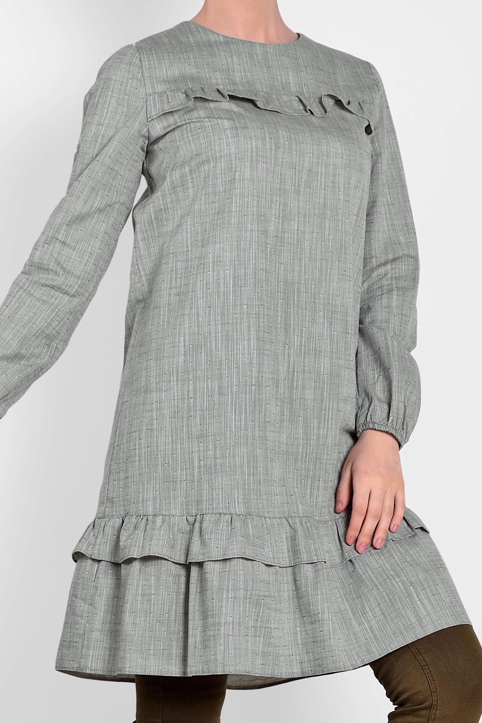 Tesettür giyim HAKİ PAMUKLU FIRFIR DETAYLI TUNİK 4151-1