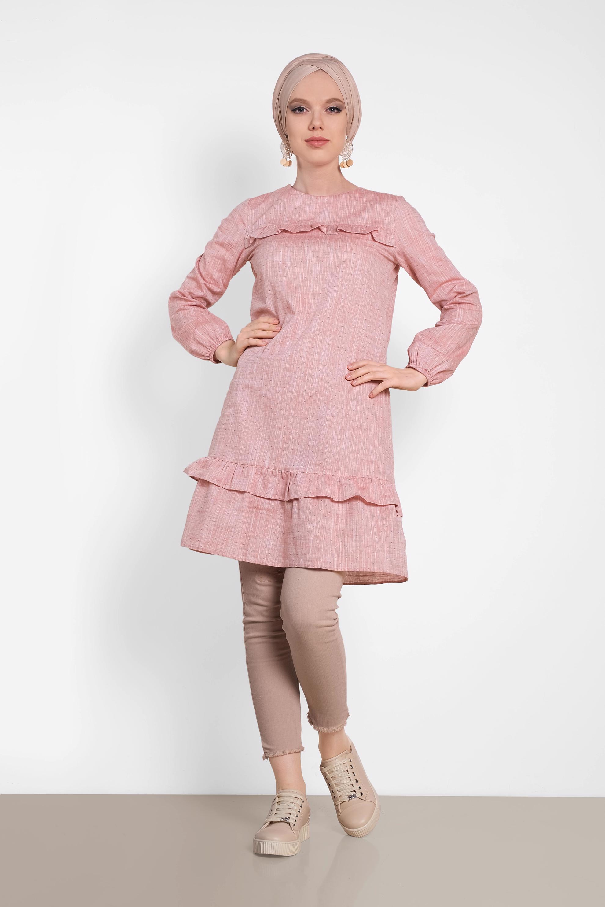 Tesettür giyim TURUNCU PAMUKLU FIRFIR DETAYLI TUNİK 4151-1