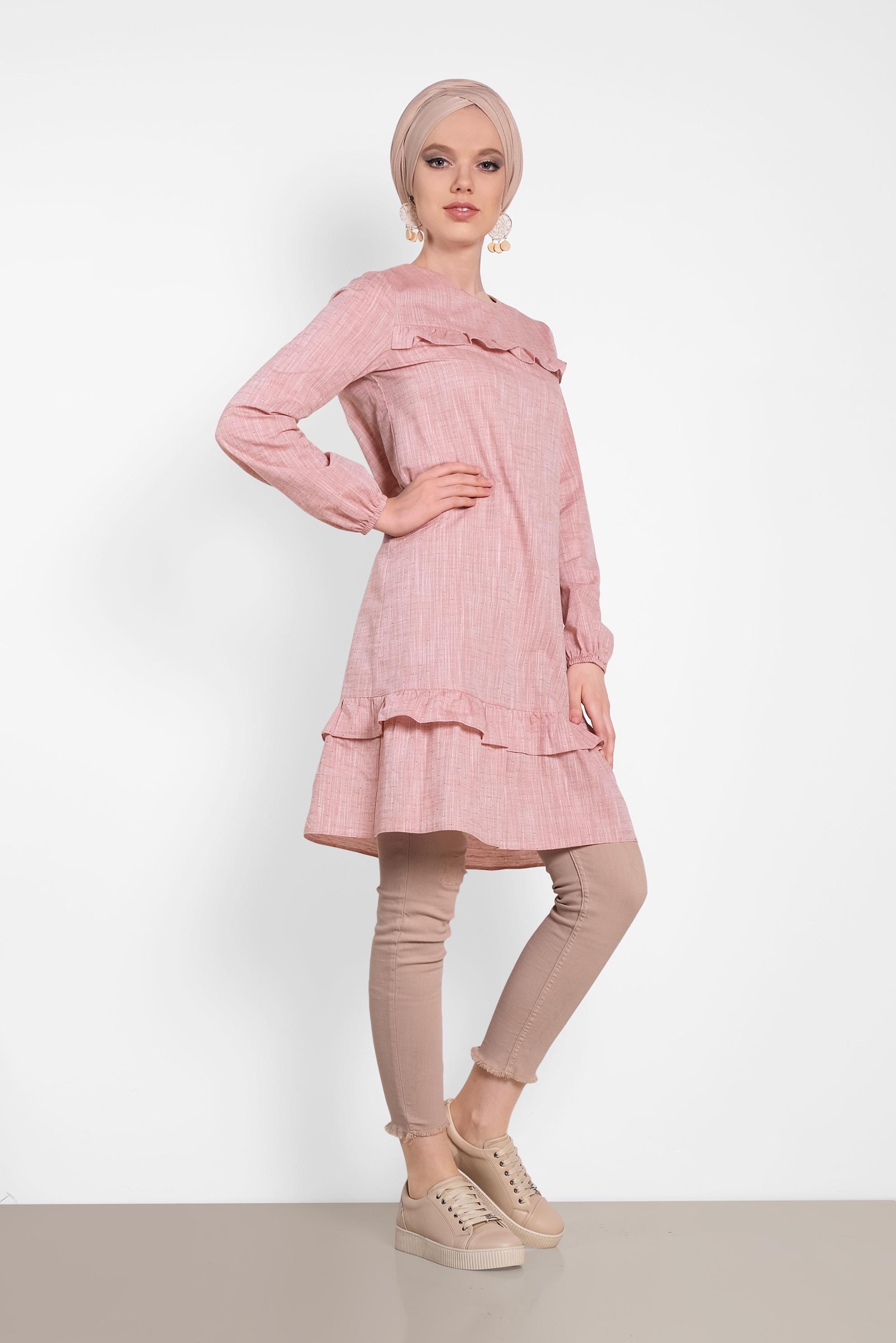 Tesettür giyim TURUNCU PAMUKLU FIRFIR DETAYLI TUNİK 4151-1