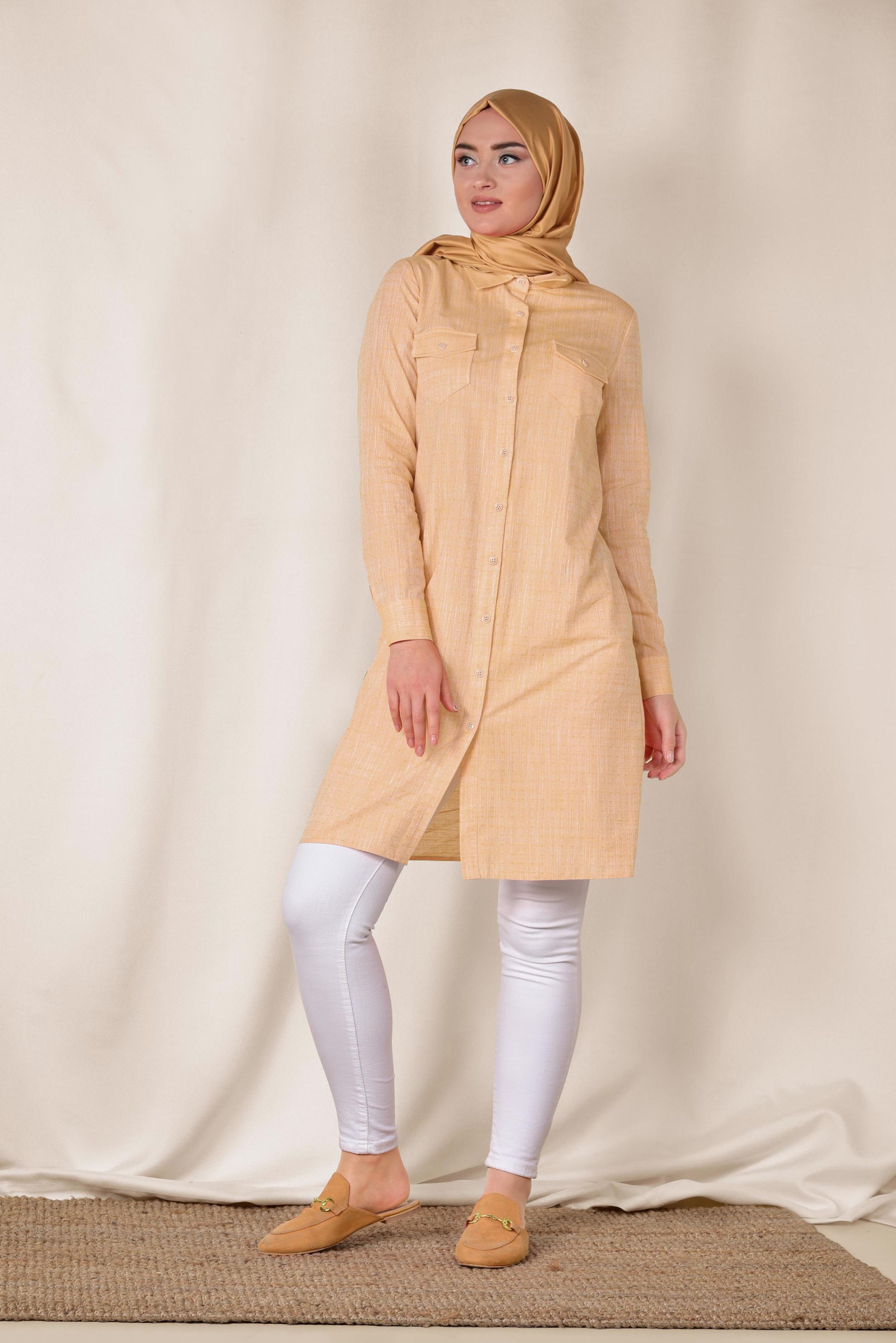 Tesettür giyim SARI DOKULU KLASİK KESİM TUNİK 4152-1 