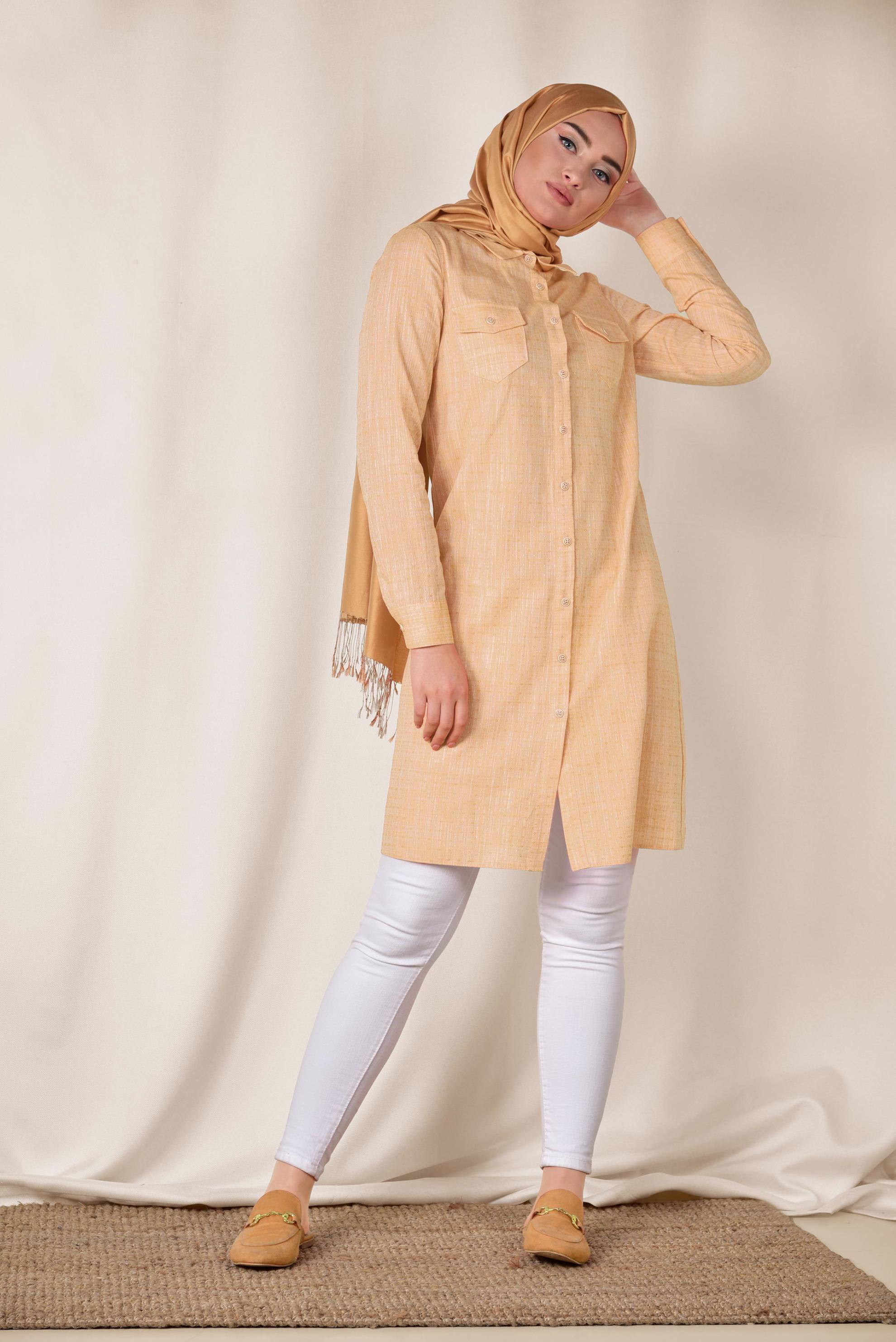 Tesettür giyim SARI DOKULU KLASİK KESİM TUNİK 4152-1 