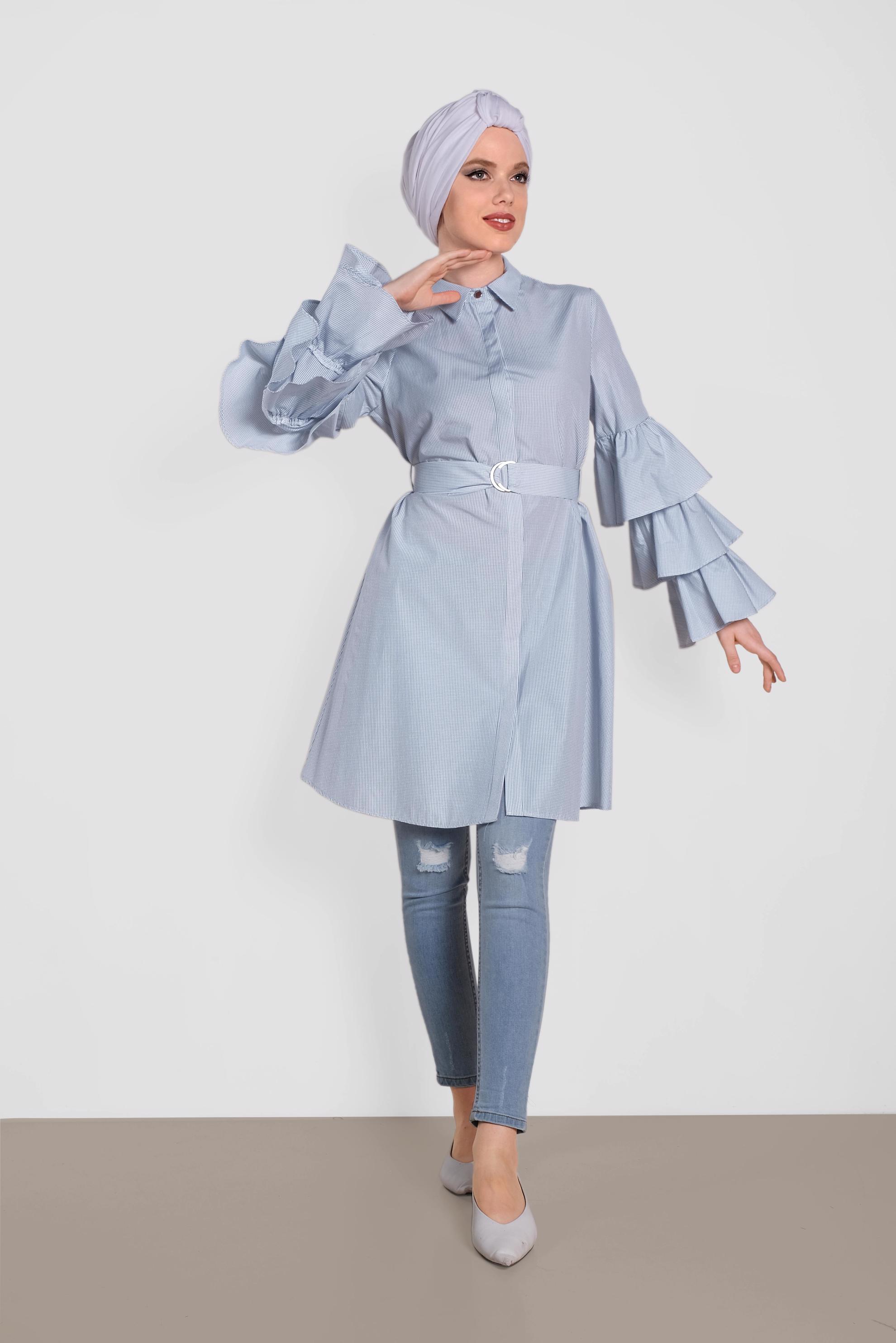 Tesettür giyim EKRU KOLLARI VOLANLI TUNİK 4312-1 