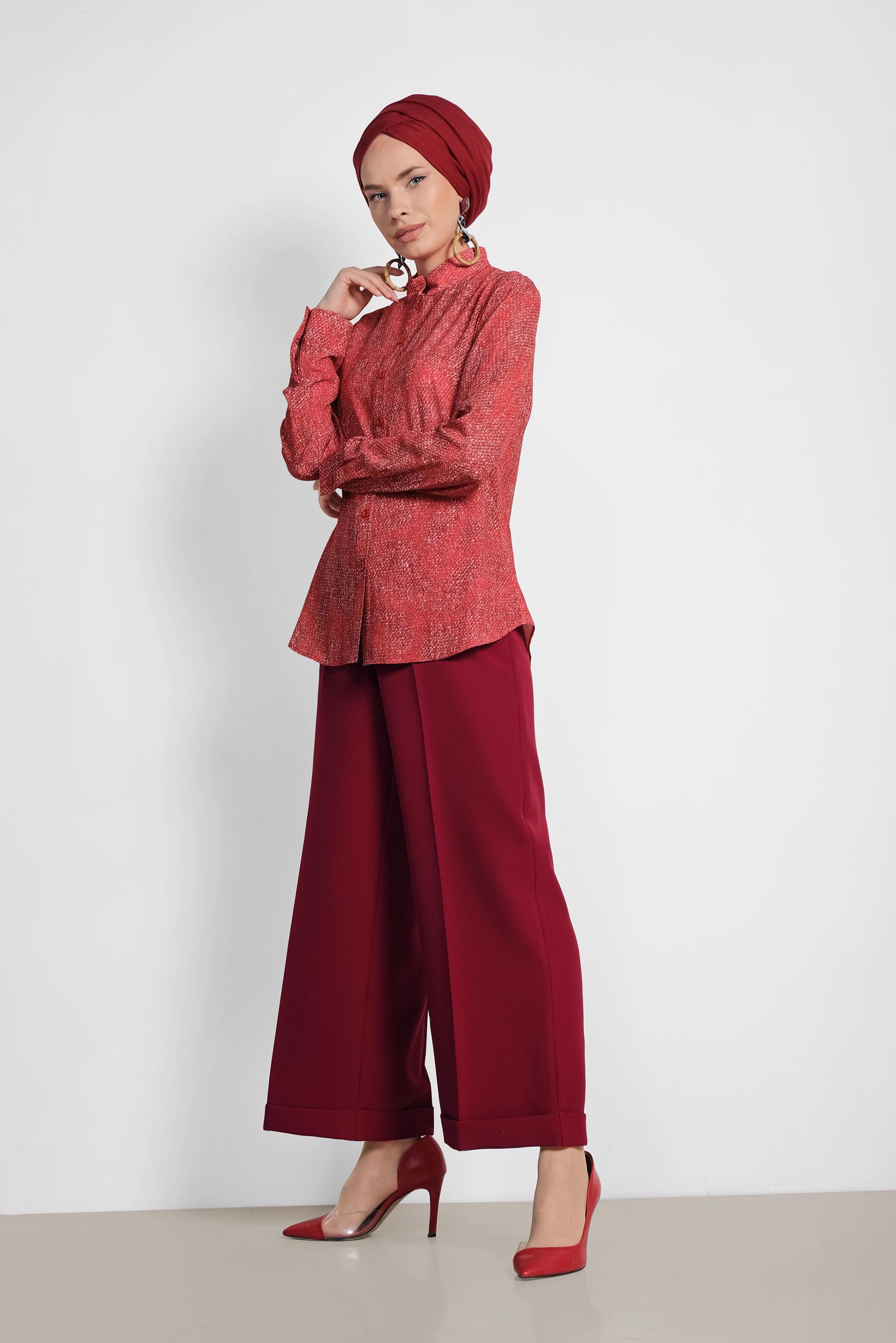 Tesettür giyim BORDO HAKİM YAKA DÜĞMELİ BLUZ 4983-1