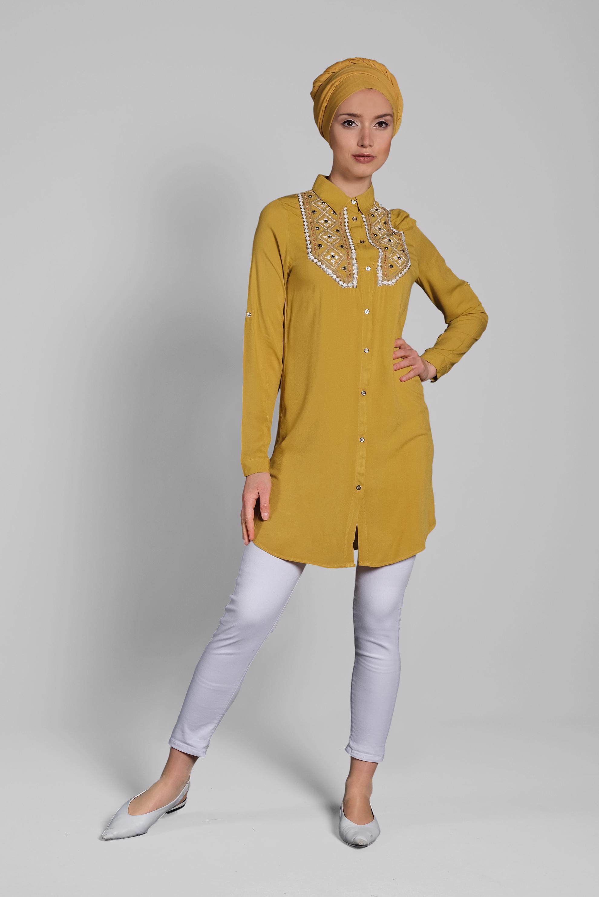 Tesettür giyim SARI İŞLEME VE BONCUK DETAYLI TUNİK T 2174