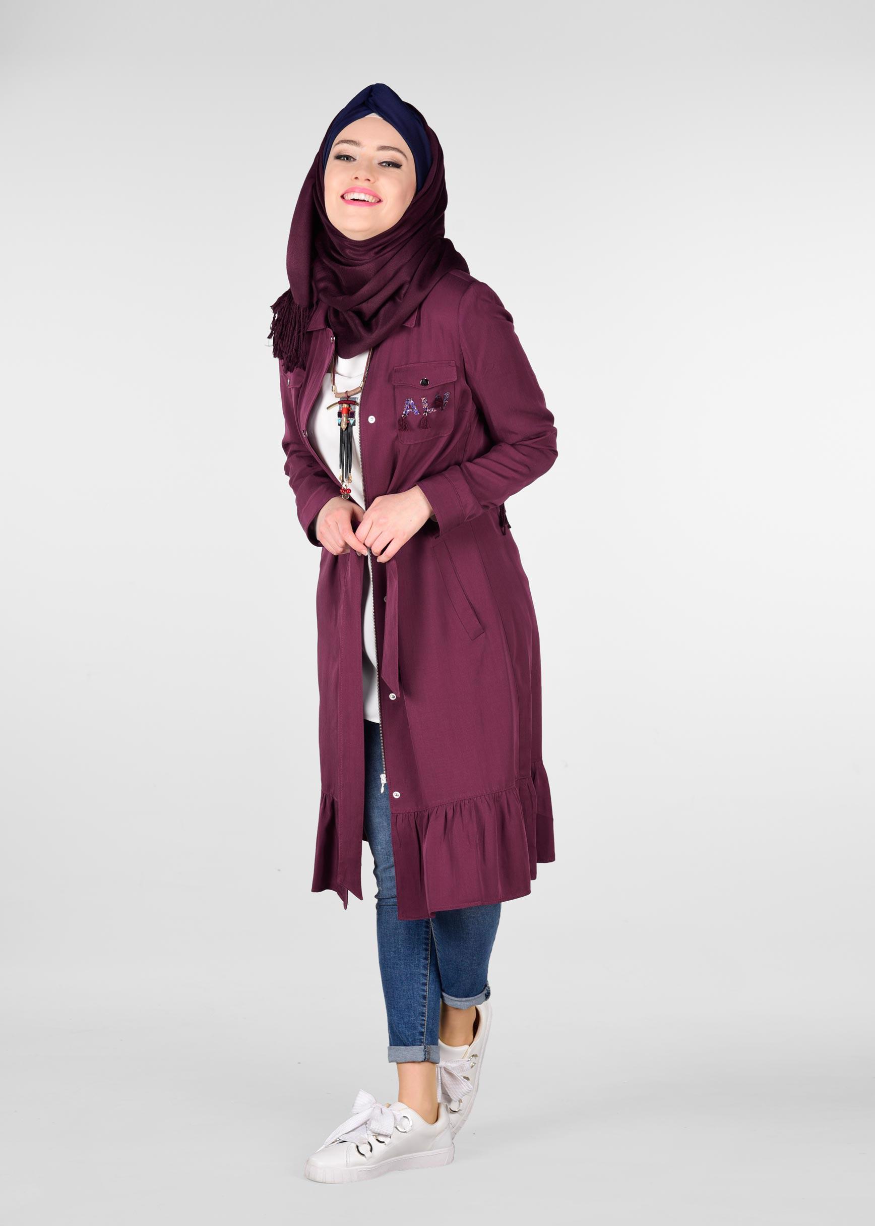 Tesettür giyim MÜRDÜM ETEK UCU VOLANLI BELİ BÜZGÜLÜ TRENÇKOT 1201